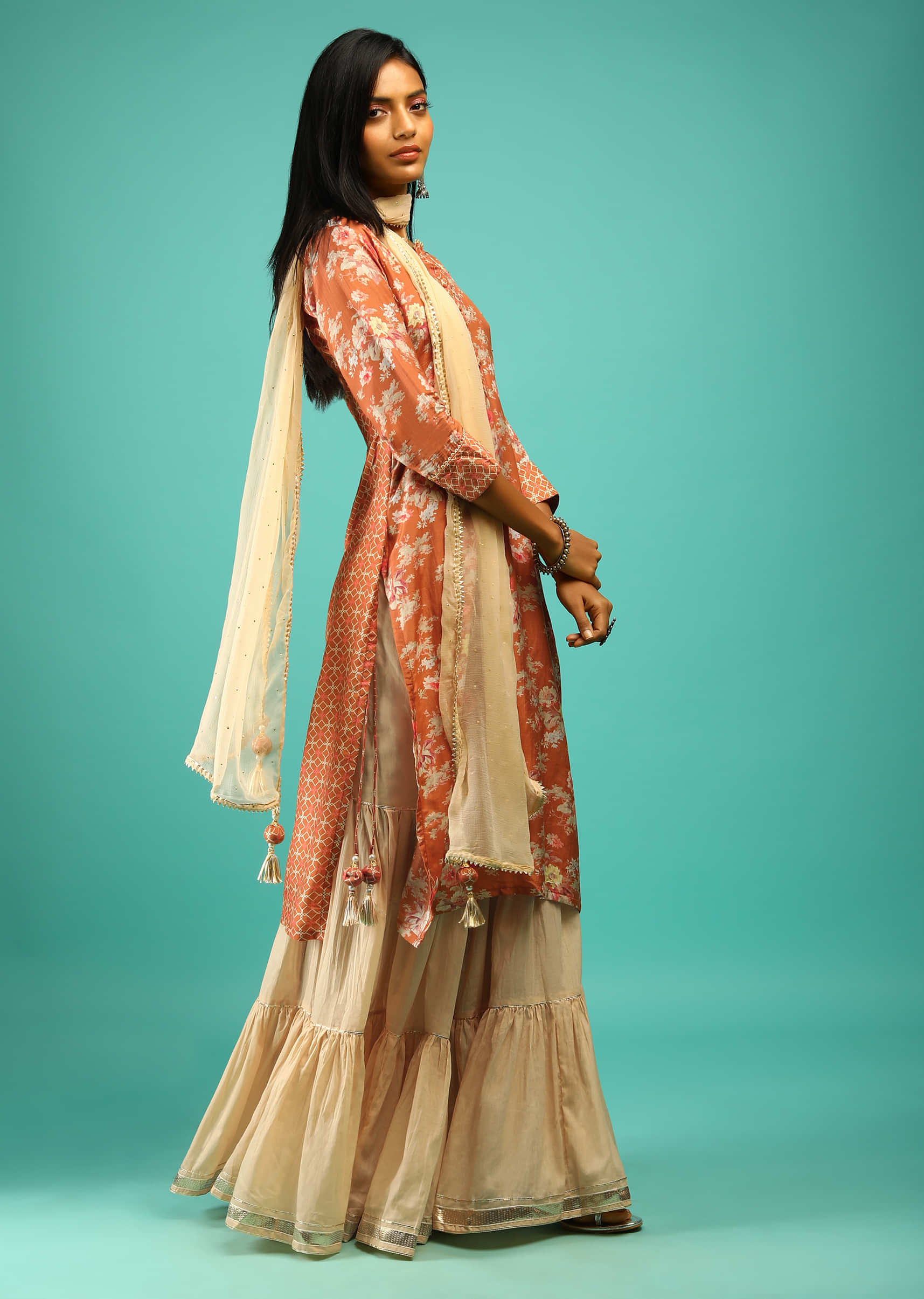 Burnt Orange Sharara Suit In Cotton With Floral Print And Three Quarter Sleeves