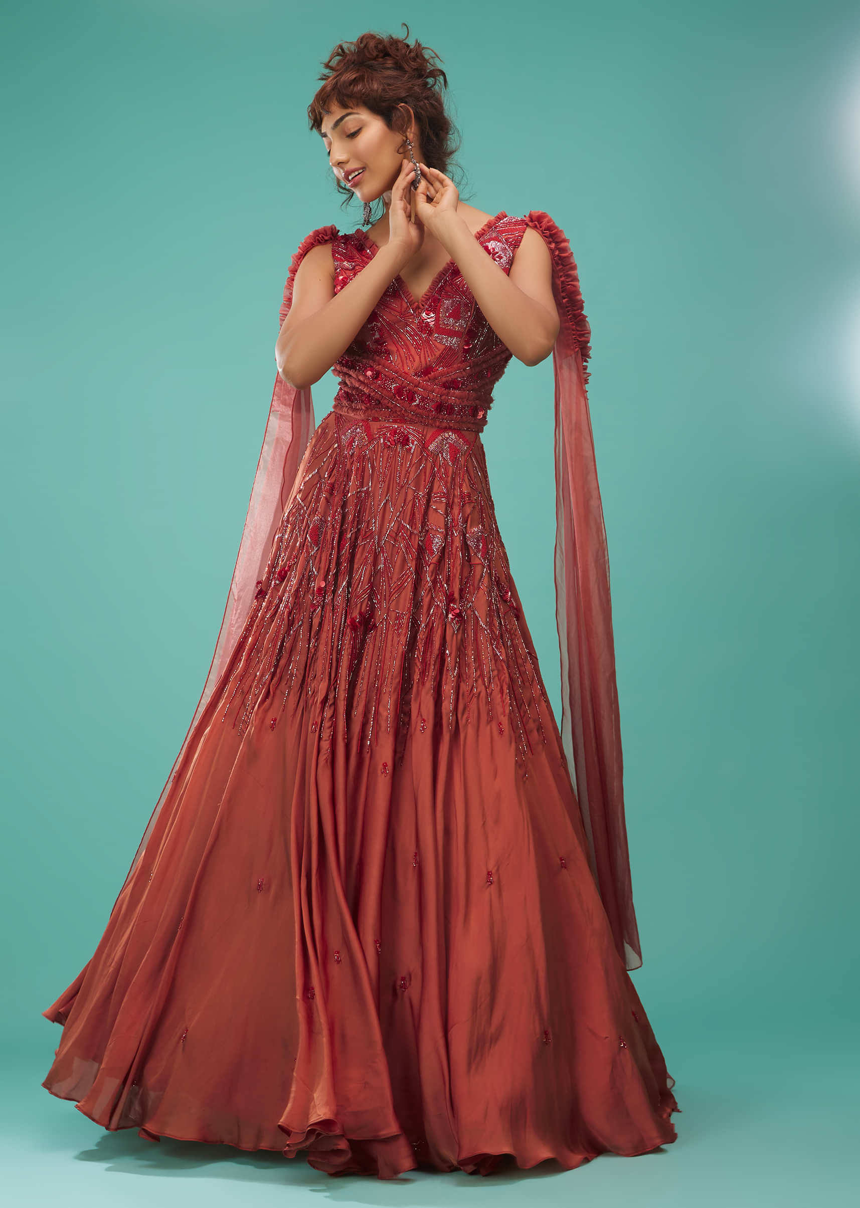 Kalki Burnt Sienna Red Ball Gown With Ruffle Frills And Embroidery