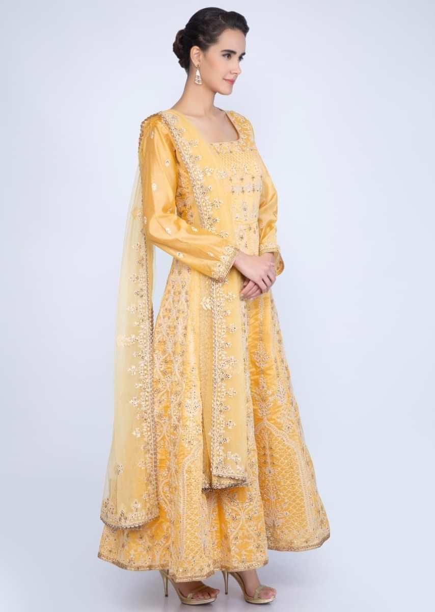 Butter Yellow Anarkali In Chanderi Cotton With White Cord Embroidery Online - Kalki Fashion