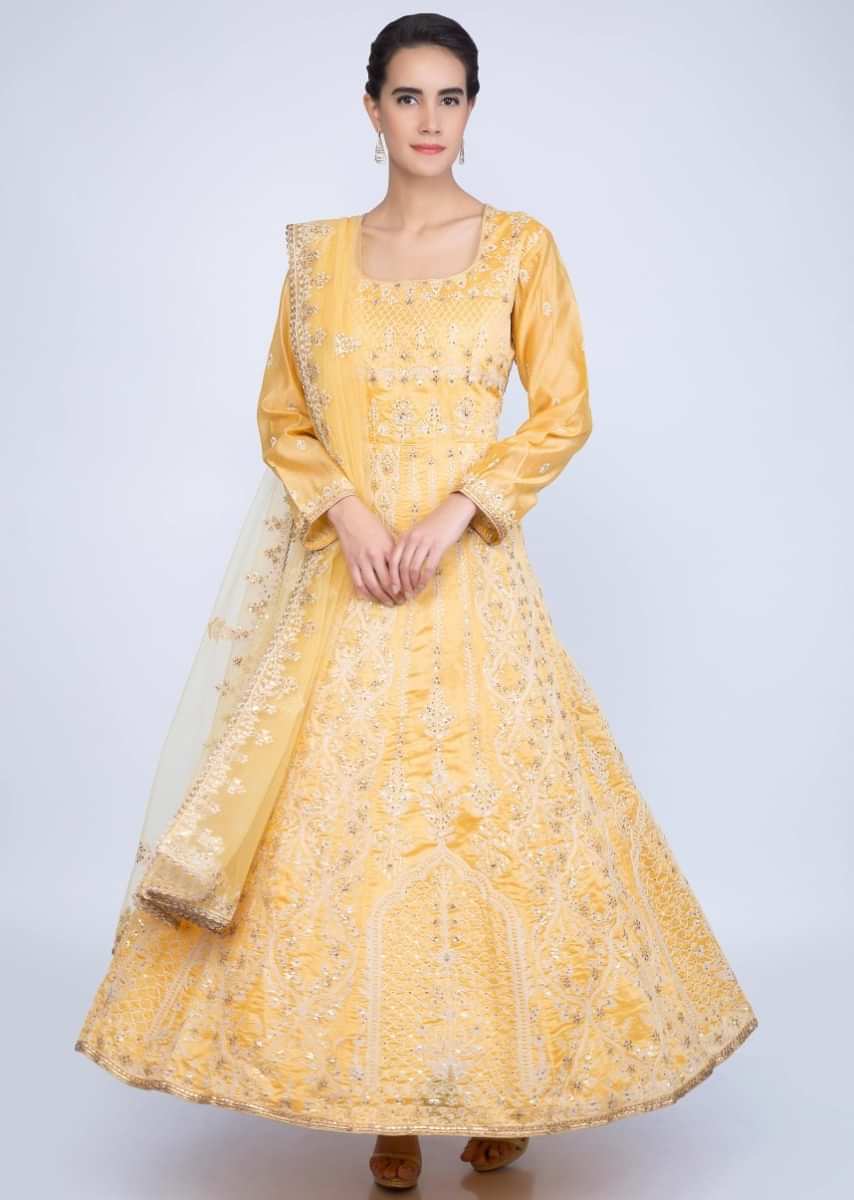 Butter Yellow Anarkali In Chanderi Cotton With White Cord Embroidery Online - Kalki Fashion