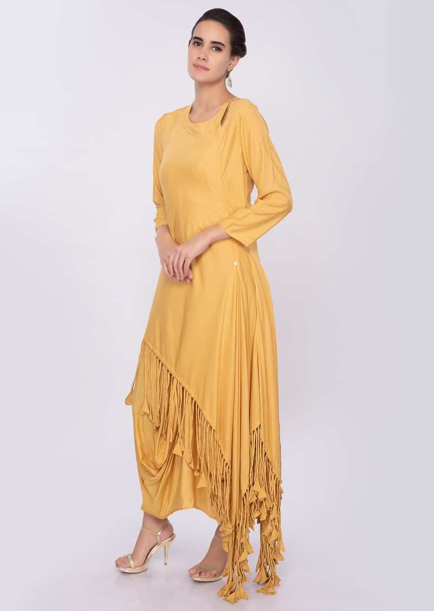 Butter yellow cotton tunic dress with additional top layer in fringes only on Kalki
