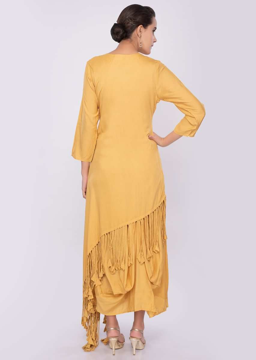 Butter yellow cotton tunic dress with additional top layer in fringes only on Kalki