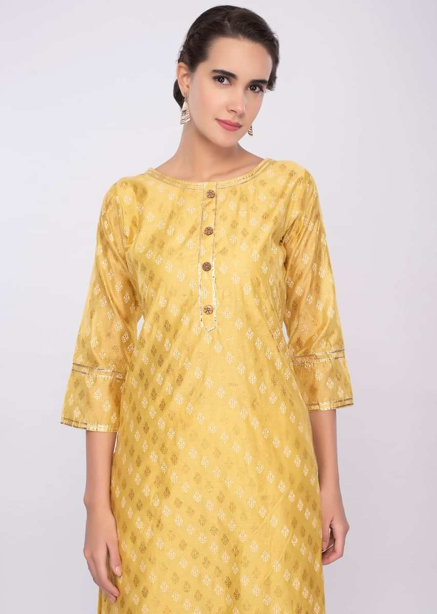 Butter yellow foil printed suit with crushed georgette palazzo only on Kalki