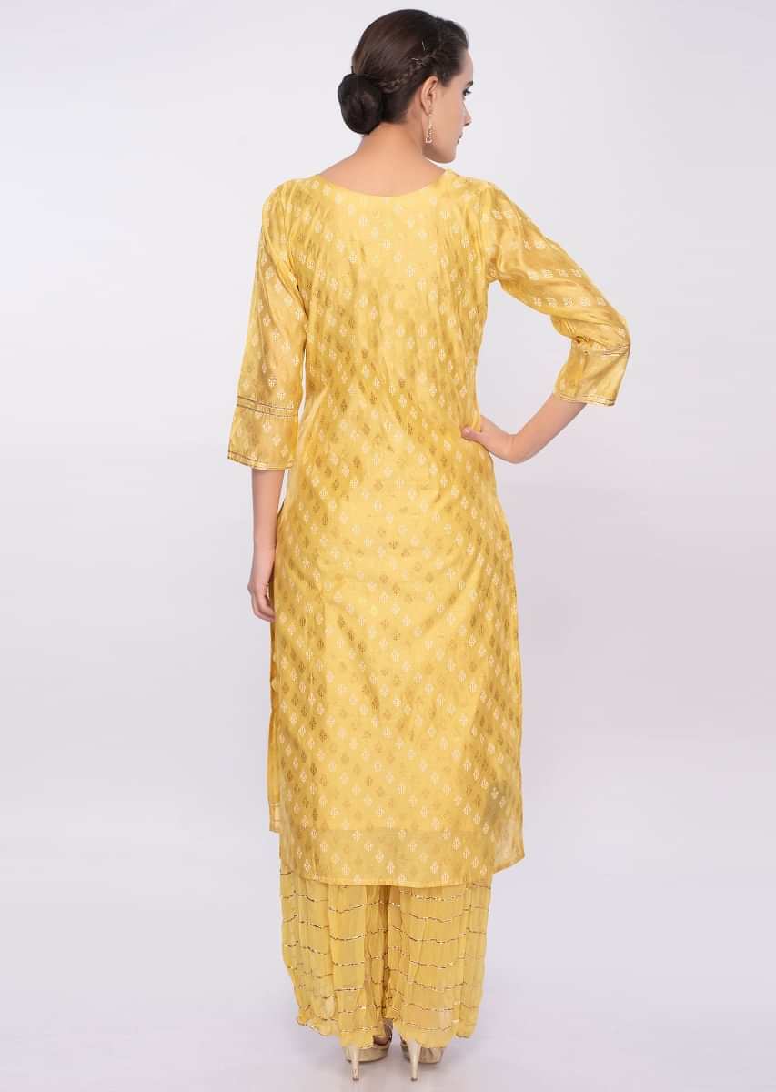Butter yellow foil printed suit with crushed georgette palazzo only on Kalki