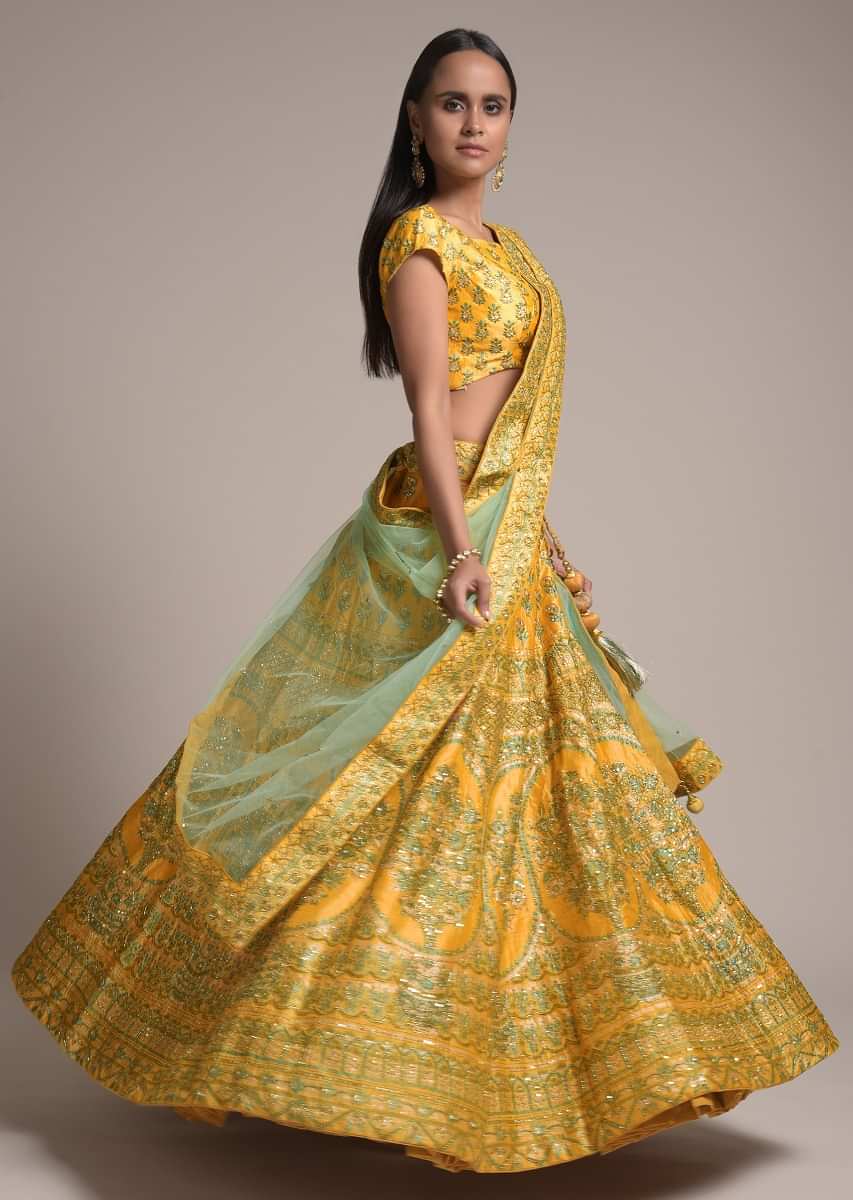 Malai Satin Semi-Stitched Yellow Lehenga Choli With Un stitched Blouse  piece and Net Dupatta For Women/Girls