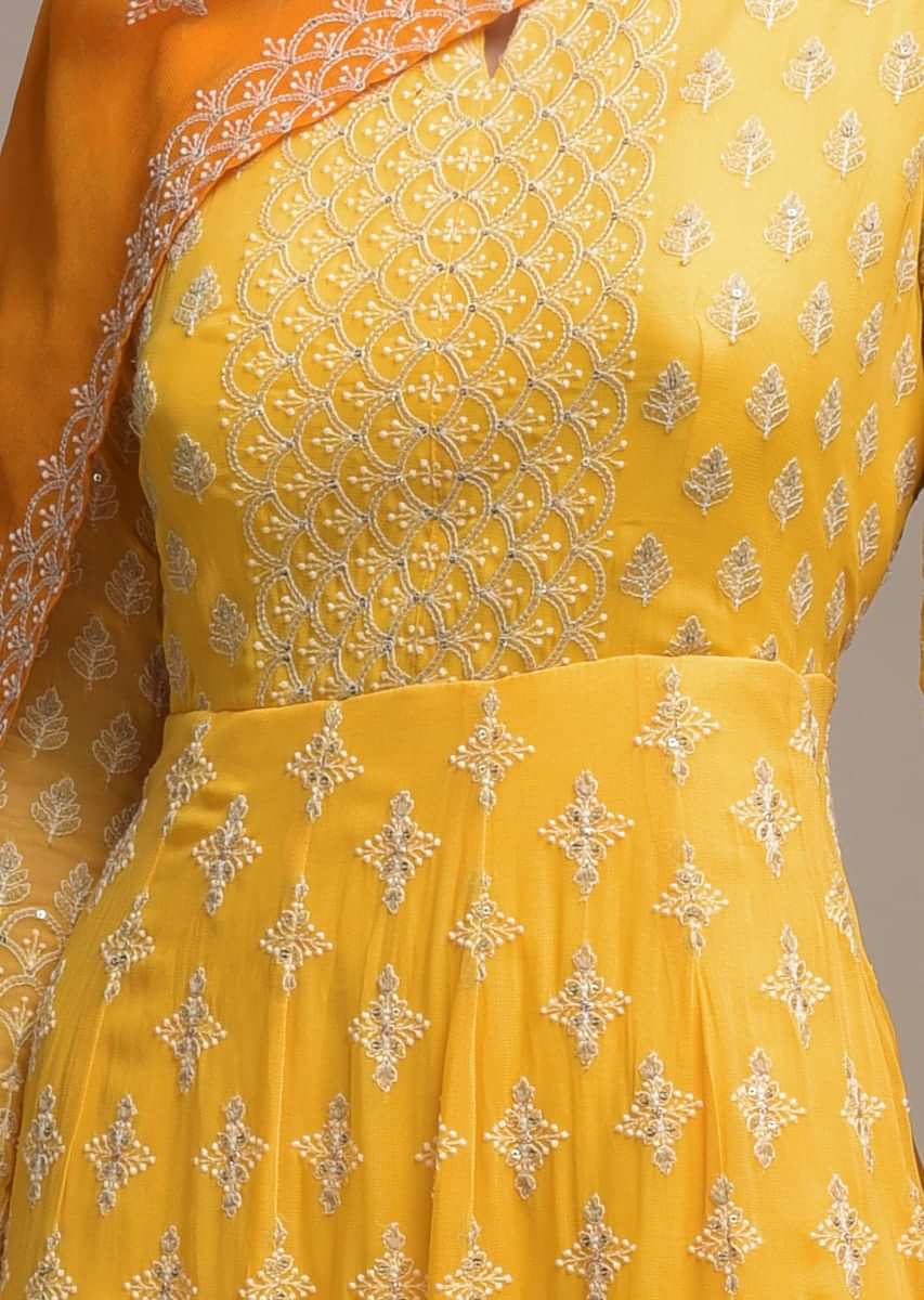 Butter Yellow Ombre Anarkali Suit In Georgette With Lucknowi Embroidery  