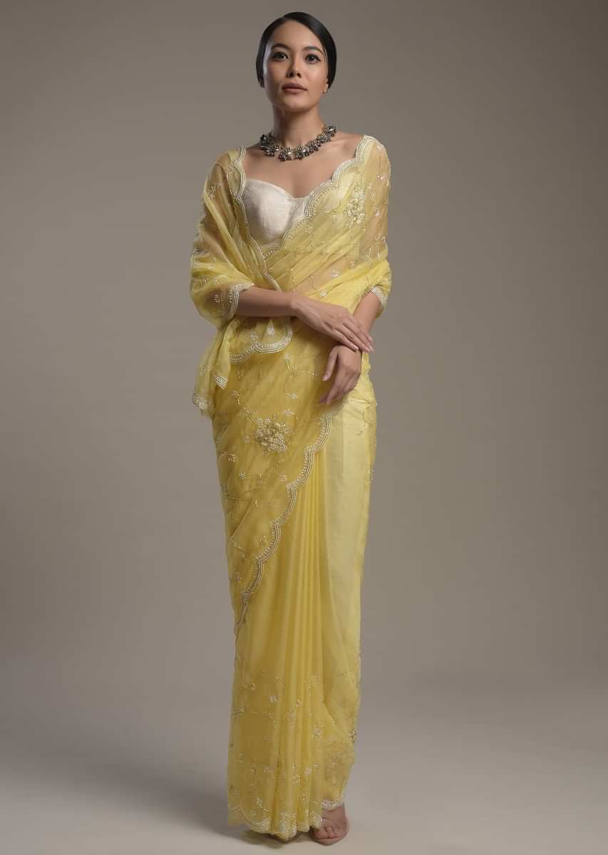 Butter Yellow Saree In Organza With Moti And Cut Dana Embroidered Border And Unstitched Blouse