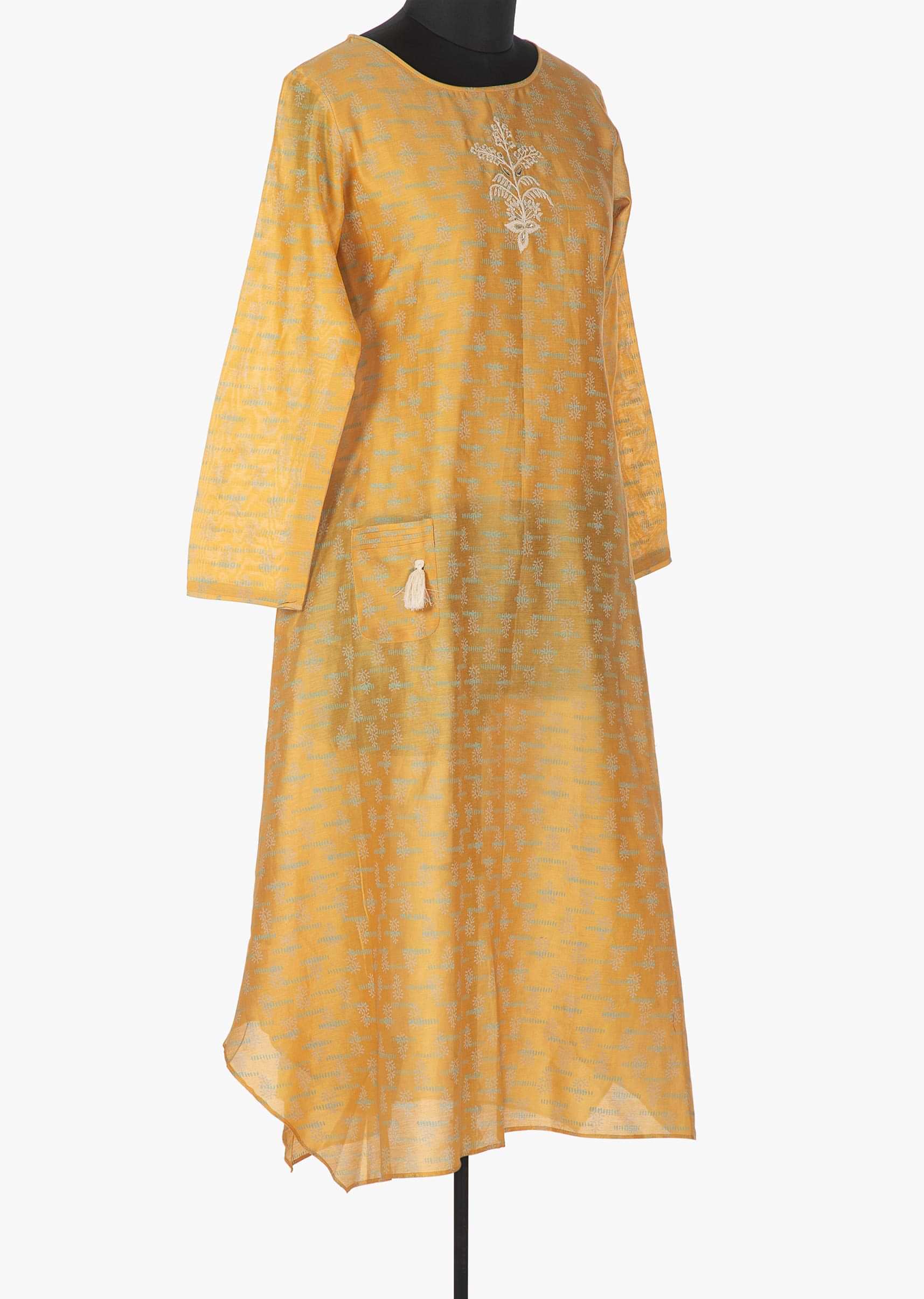Butterscotch yellow printed kurti with cod embroidered butti only on Kalki