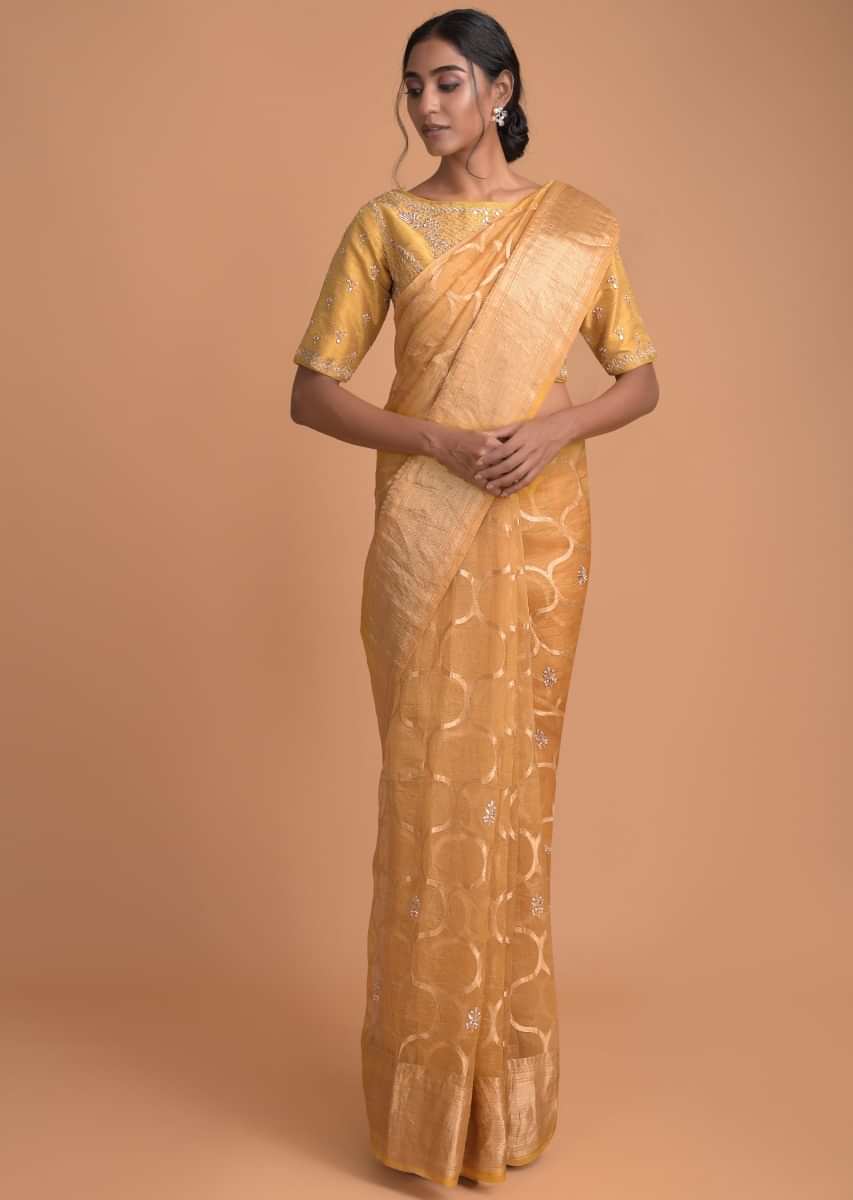 Butterscotch Yellow Saree In Organza Silk With Weaved Pattern And Gotta Work Online - Kalki Fashion