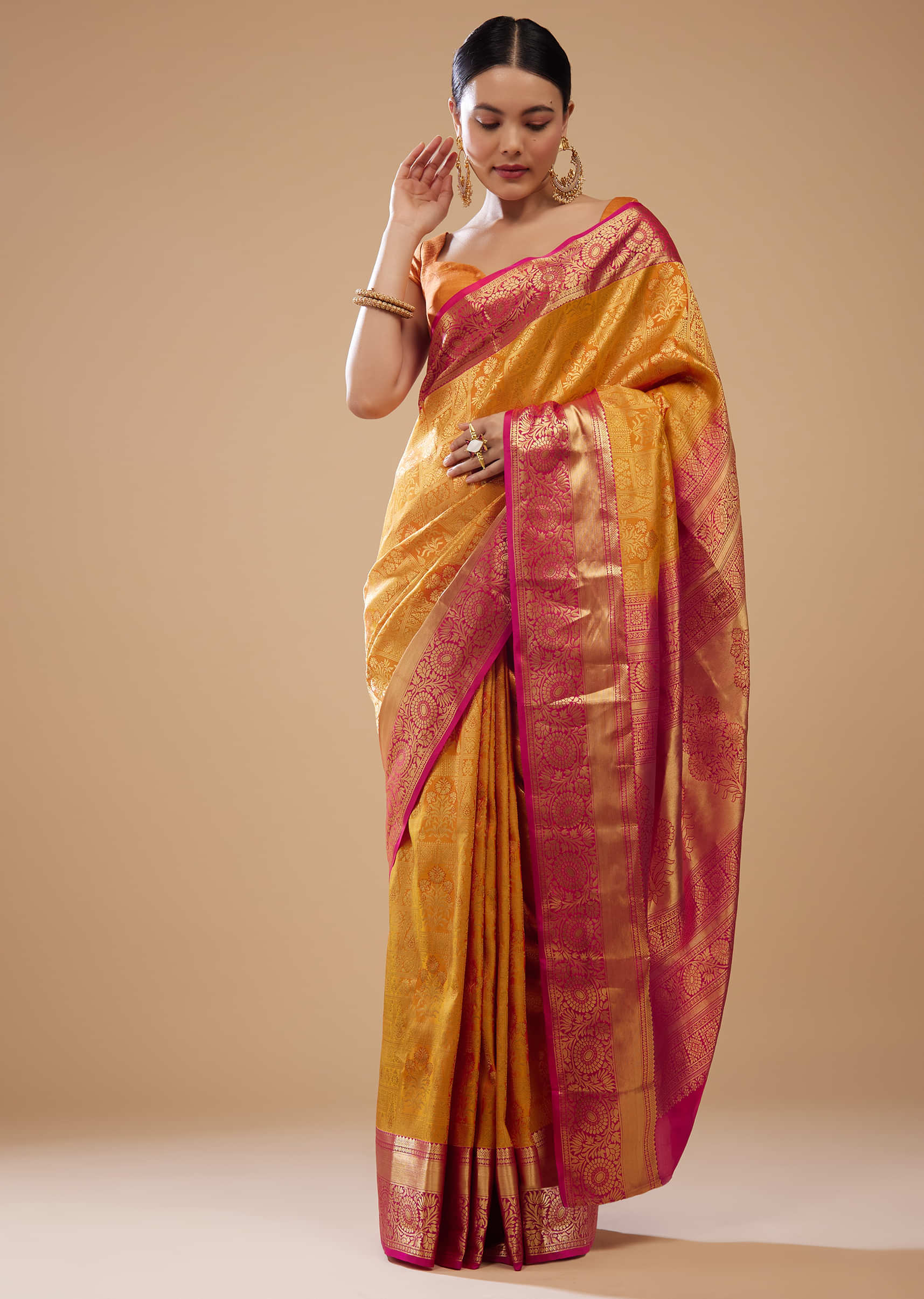 Butterscotch Yellow Woven Silk Kanjivaram Saree With Rani Pink Border