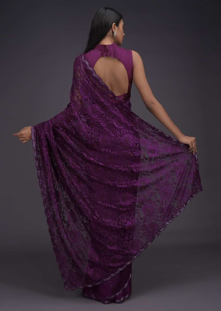 Byzantine Purple Half And Half Saree In Crepe And Floral Lace ...