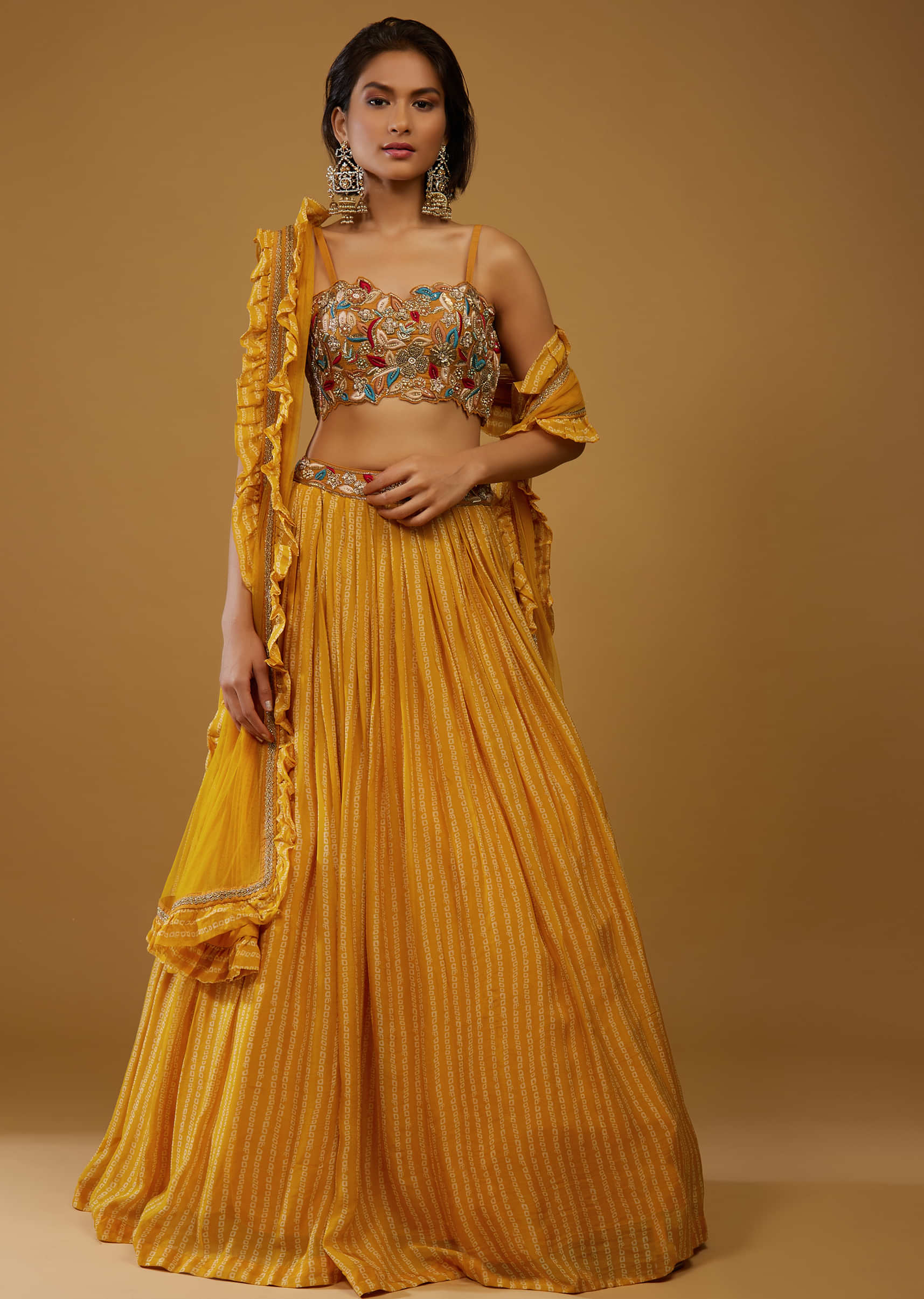 Amber Yellow Lehenga Choli With Bandhani Print And Embroidery