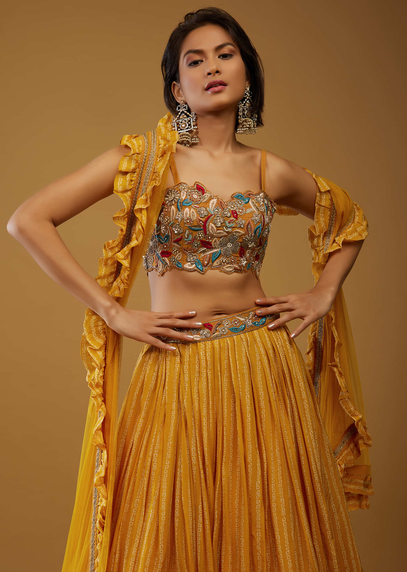 Amber Yellow Lehenga Choli With Bandhani Print And Embroidery