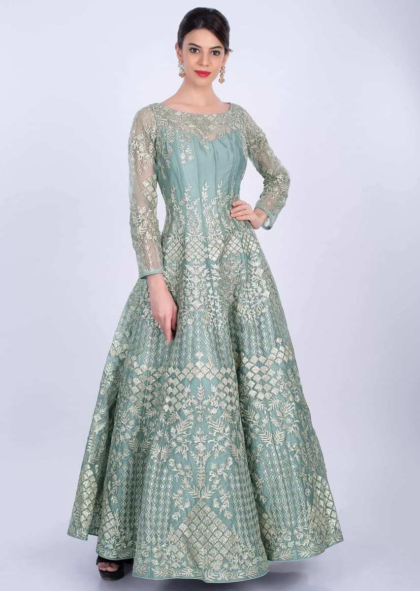 Cambridge blue organza anarkali gown with applique work only on Kalki