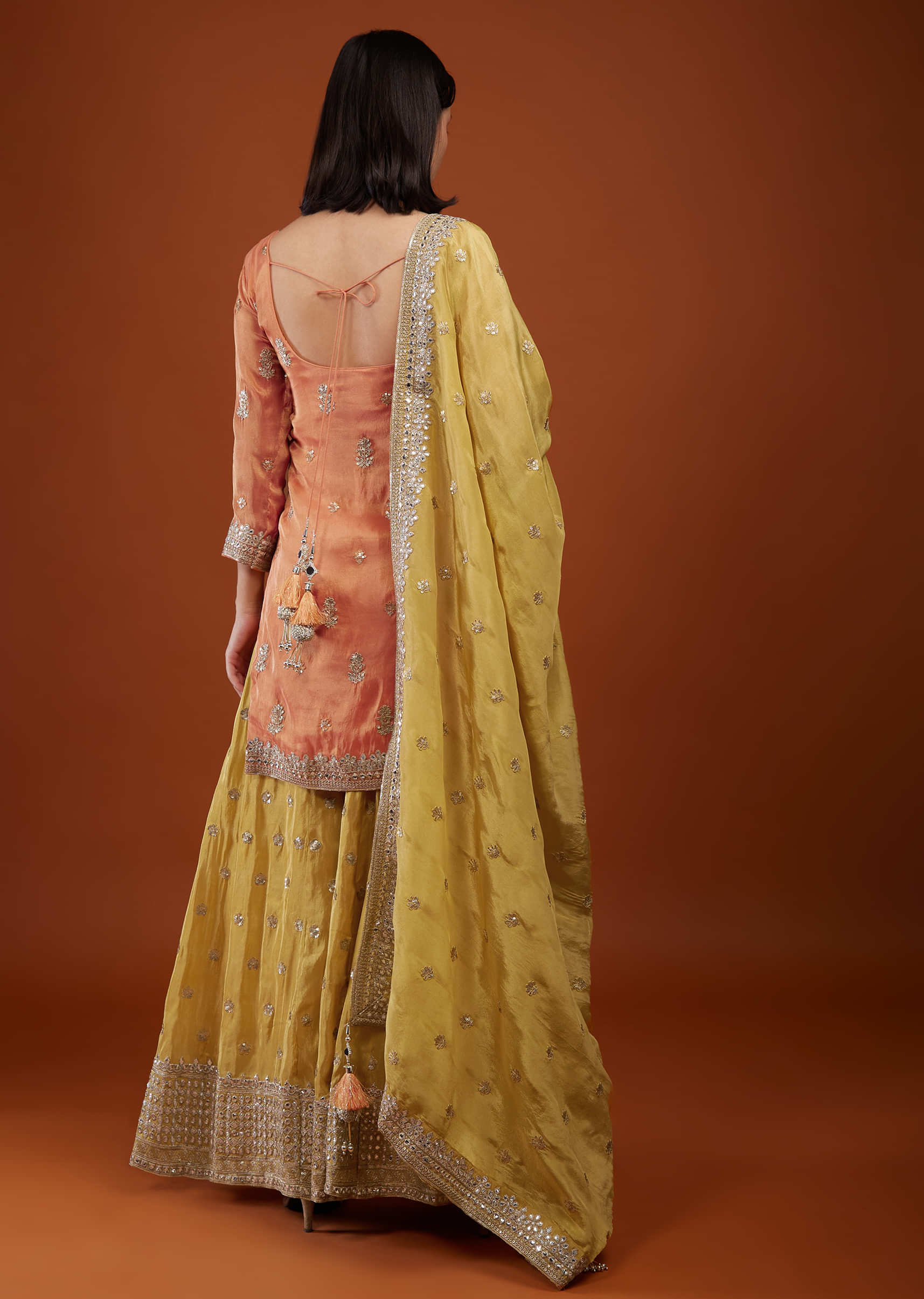 Fire Orange Palazzo Suit With Yellow Palazzo & Dupatta In Embroidery