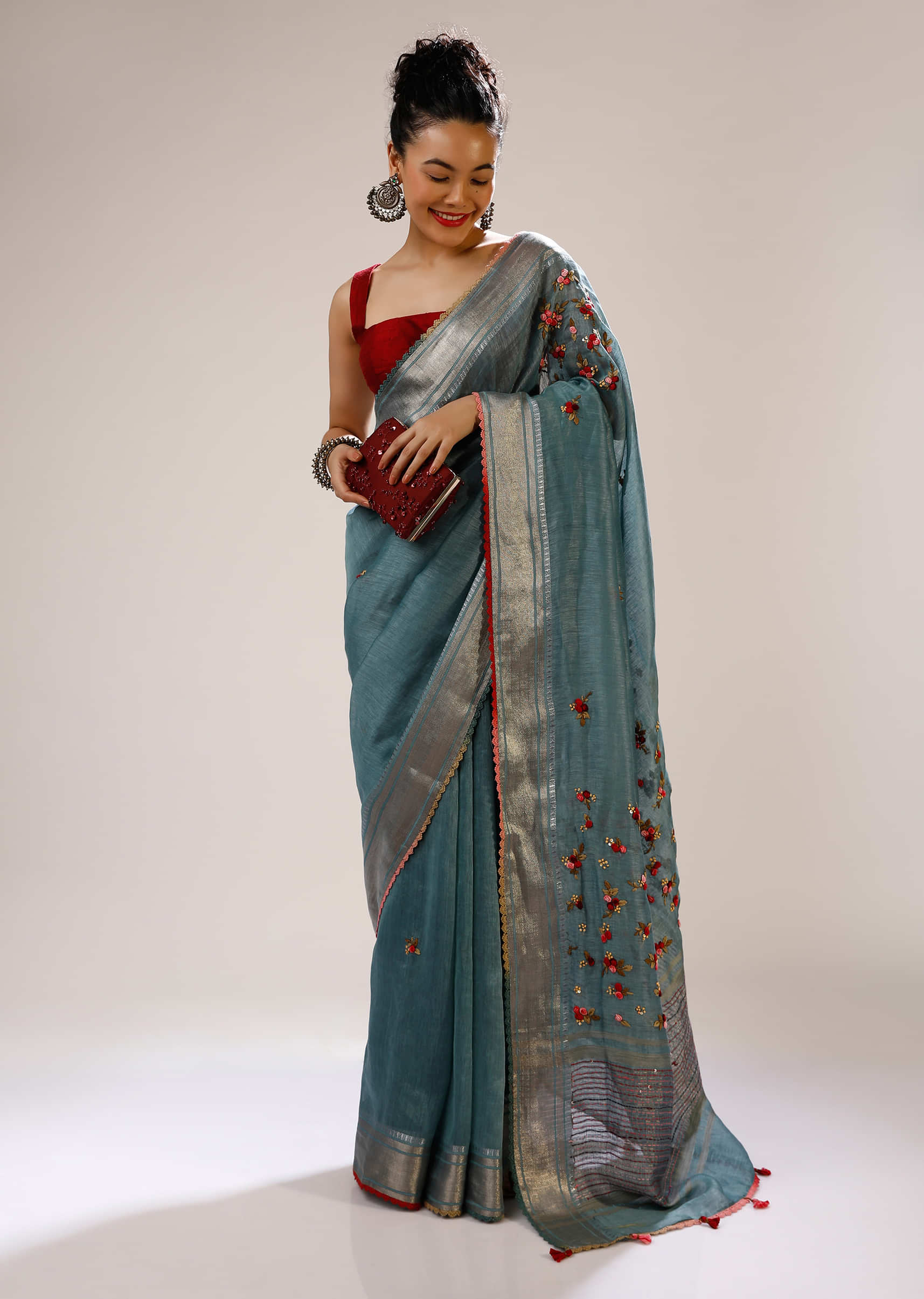 Cameo Blue Saree In Tussar Silk With Multicolored Bud Hand Embroidered Roses And Running Stich Design  