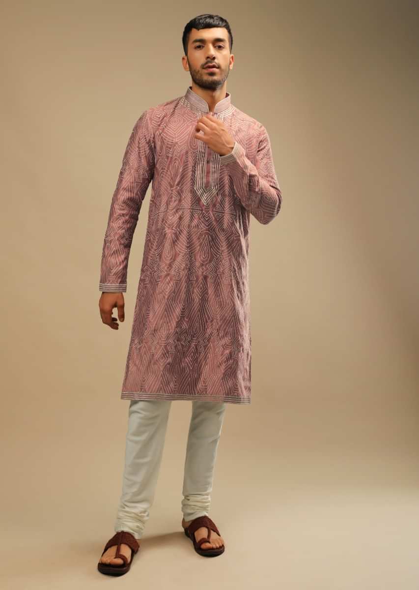 Cameo Brown Kurta Set In Raw Silk With White Thread Embroidered Tribal Jaal Design  