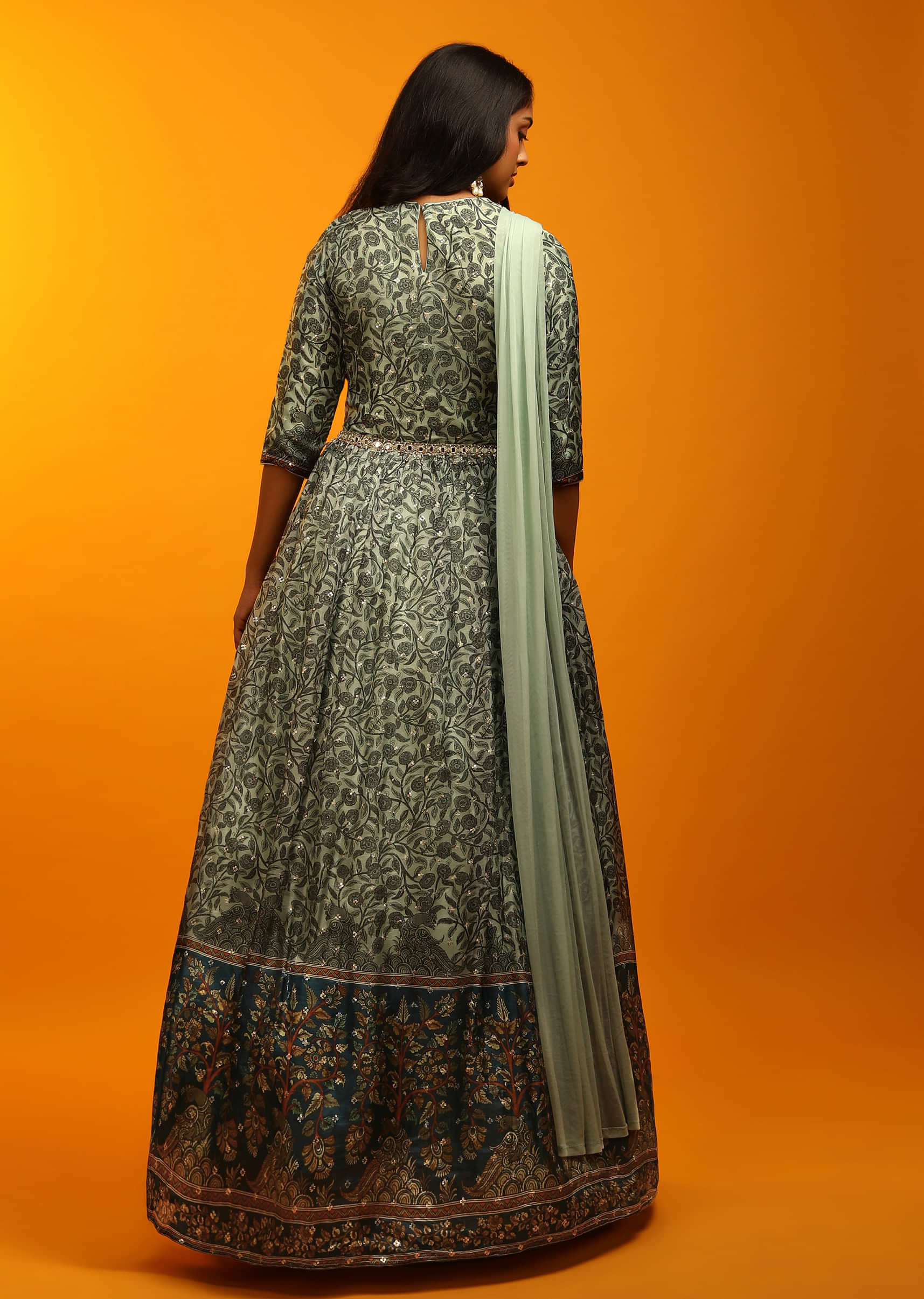 Cameo Green Anarkali Suit With Floral And Peacock Print And Mirror Embroidered Waistline