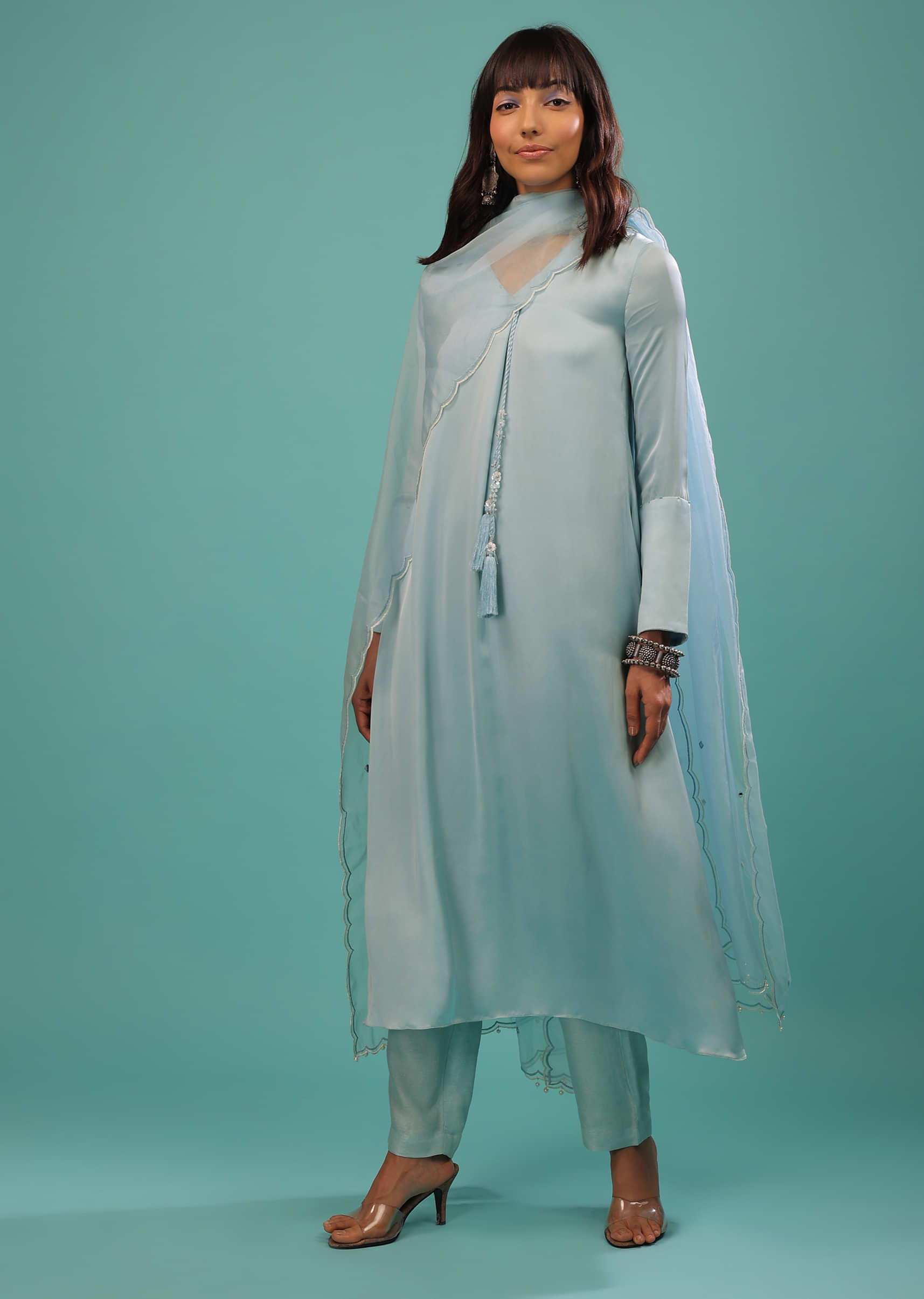 Powder Blue Bemberg Silk Kurti Suit With Dupatta And Silk Pants