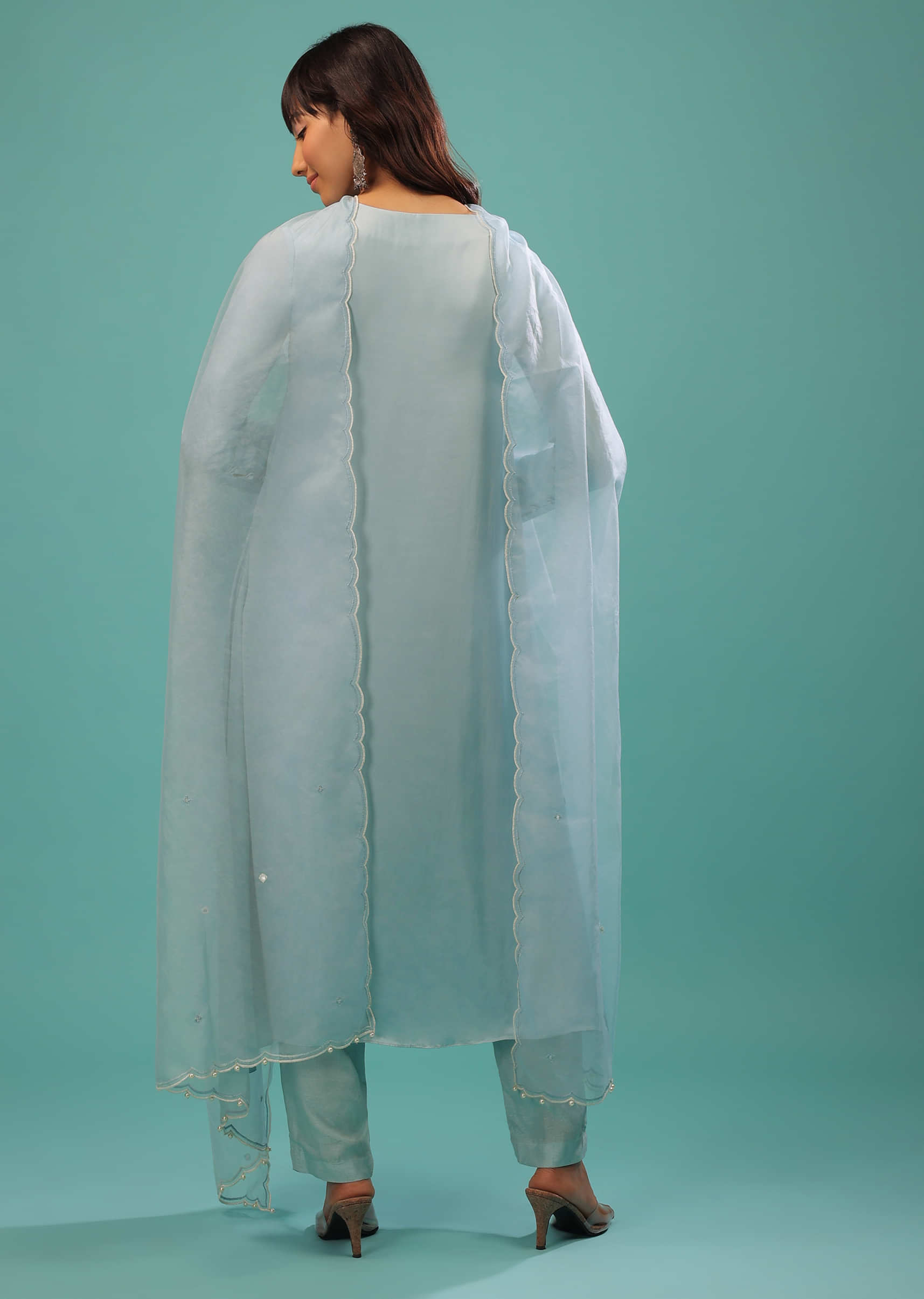 Powder Blue Bemberg Silk Kurti Suit With Dupatta And Silk Pants