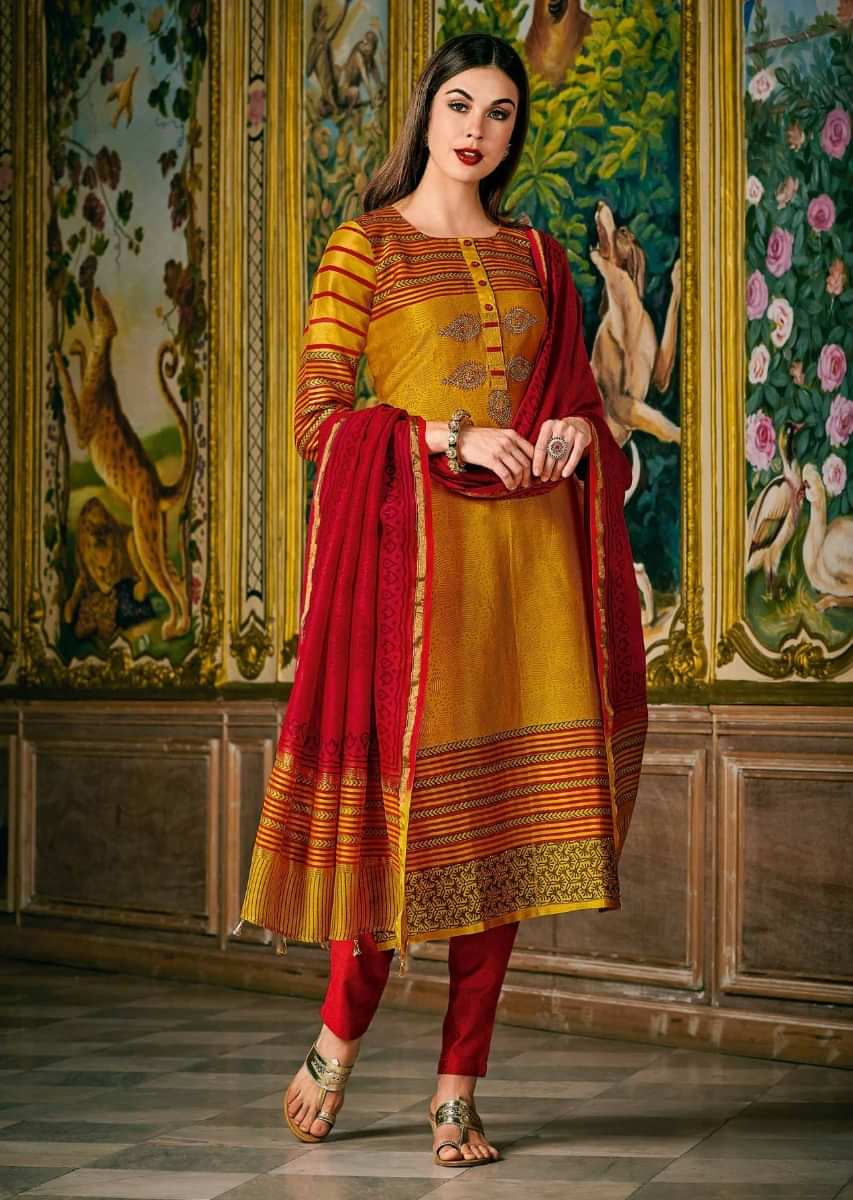 Canary Yellow A Line Suit In Silk With Stripe And Butti Print Along With Pita Zari Online - Kalki Fashion