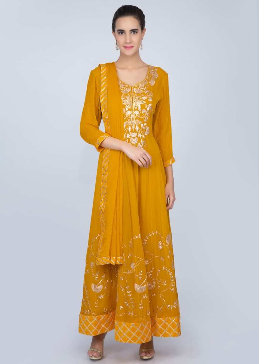 Chrome Yellow Anarkali Suit With Zari Floral Embroidery Online - Kalki Fashion