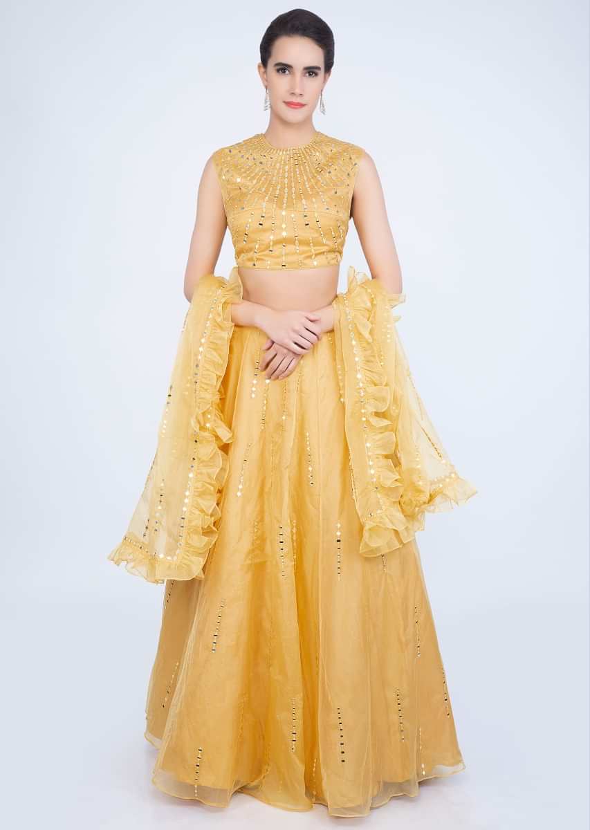Canary Yellow Lehenga Set In Organza With Ruffled Dupatta Online - Kalki Fashion