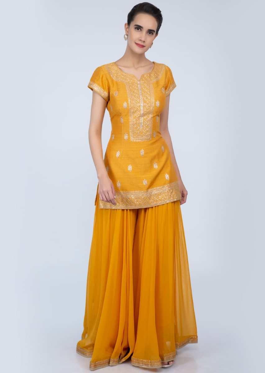 Canary Yellow Palazzo Suit Set Embroidered In Sequins And Zari Online - Kalki Fashion
