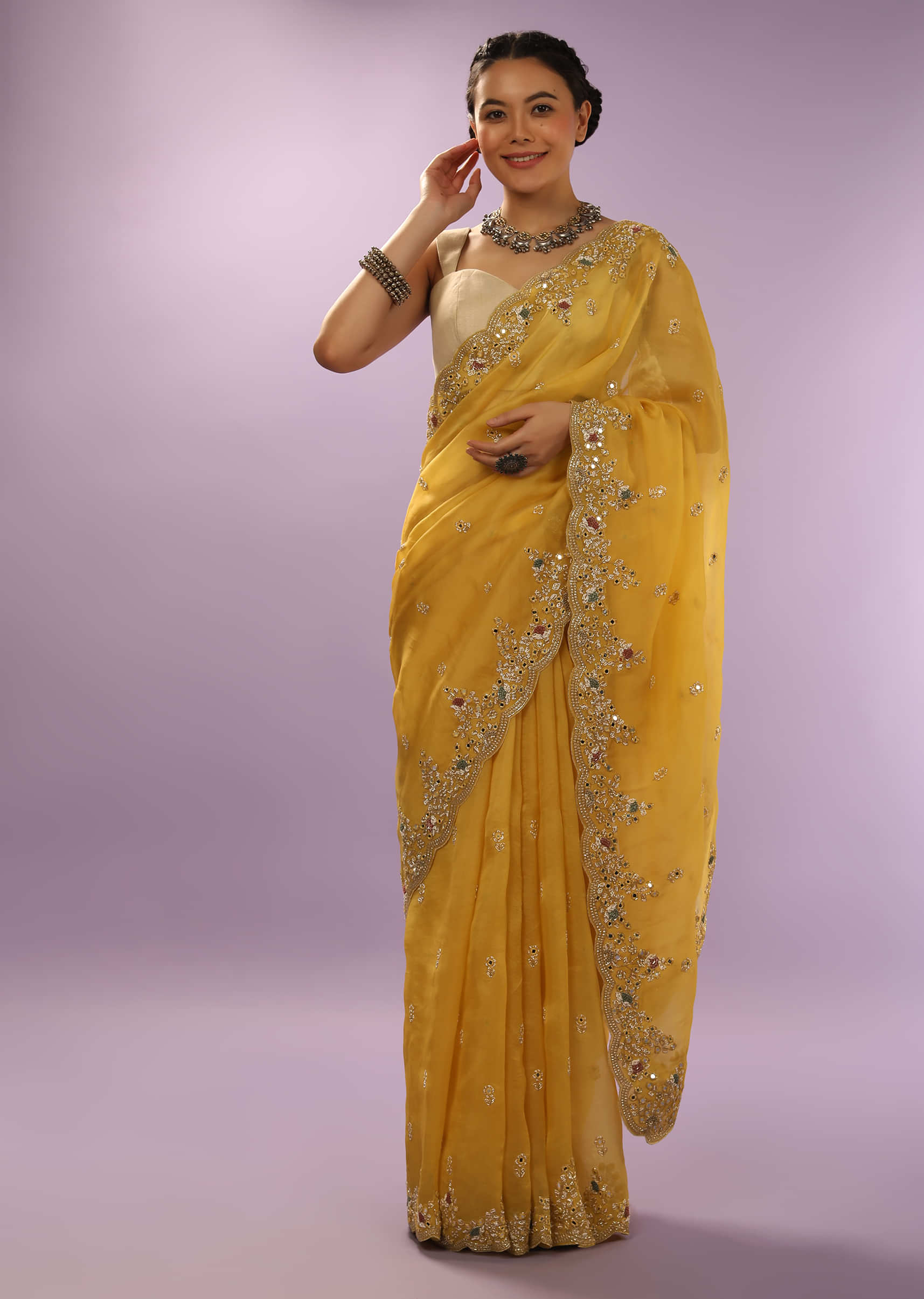 Canary Yellow Saree In Organza With Mirror And Cut Dana Embroidered Floral Motifs On The Border 