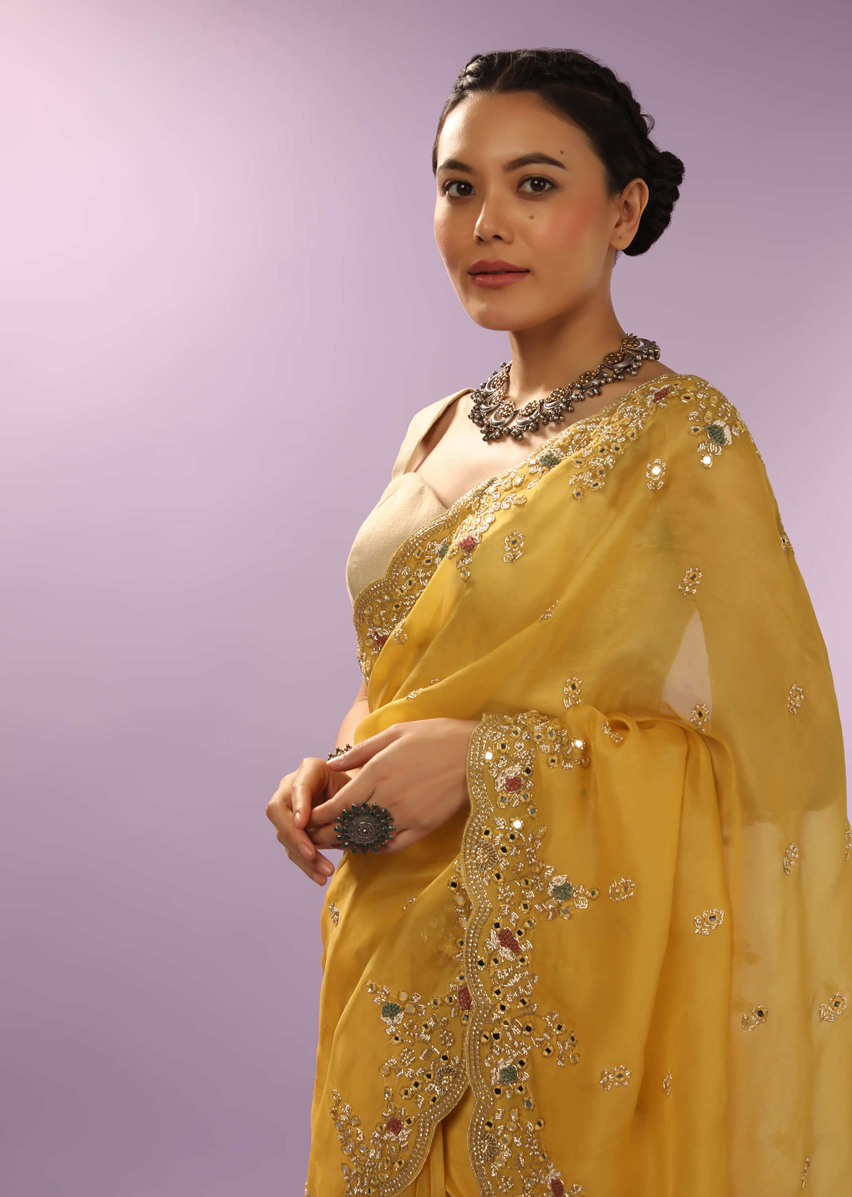 Canary Yellow Saree In Organza With Mirror And Cut Dana Embroidered Floral Motifs On The Border 