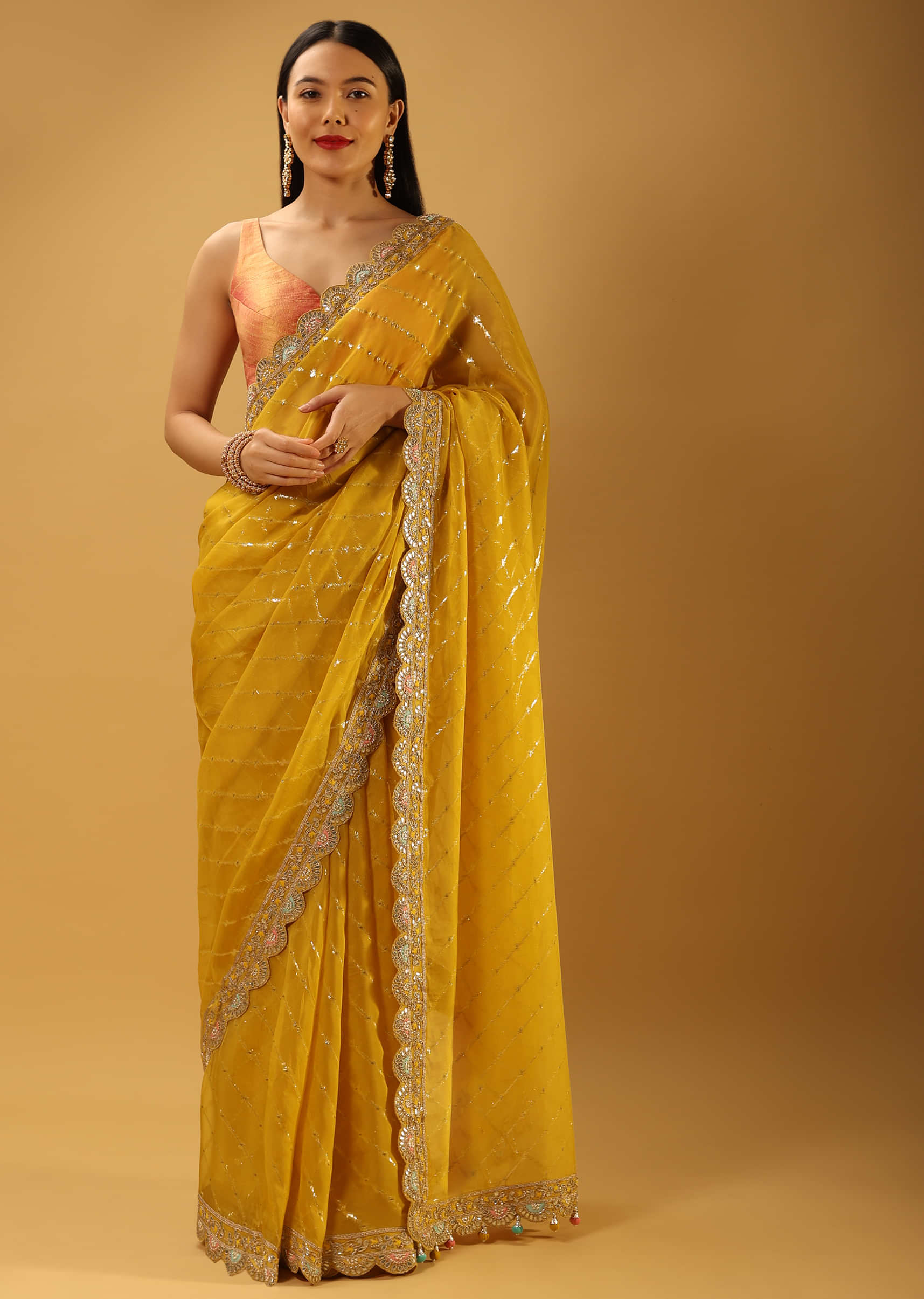 Canary Yellow Saree In Organza With Lurex Stripes And Multi Colored Applique Embroidered Scallop Border