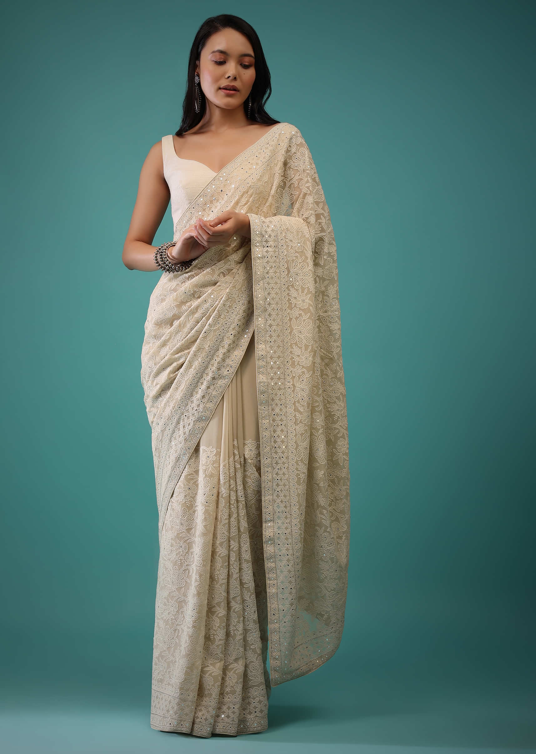 Candid Ginger Georgette Saree In Lucknowi Threadwork, Mirror Abla And Cut Dana Embroidery Buttis On The Border