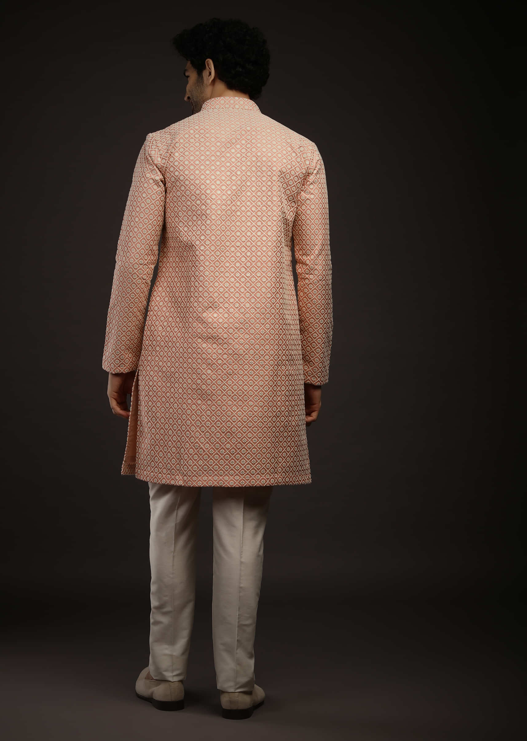 Candlelight Peach Kurta Set With Lucknowi Thread And Sequins Embroidered Jaal And Centre Placket