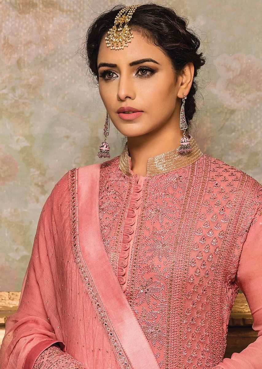 Candy pink anarkali suit with center slit embellished in thread and kundan embroidery