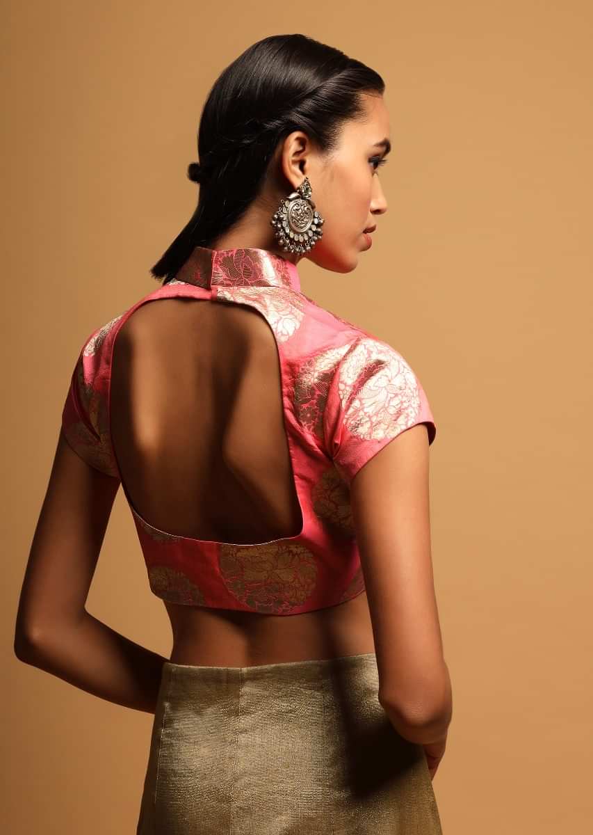 Candy Pink Blouse In Brocade Silk With Woven Round Floral Motifs And Attached Tie Up Belt