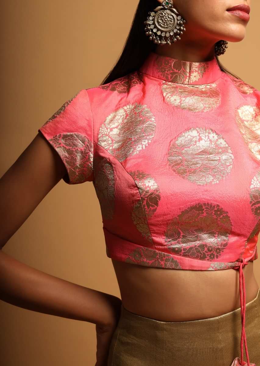 Candy Pink Blouse In Brocade Silk With Woven Round Floral Motifs And Attached Tie Up Belt