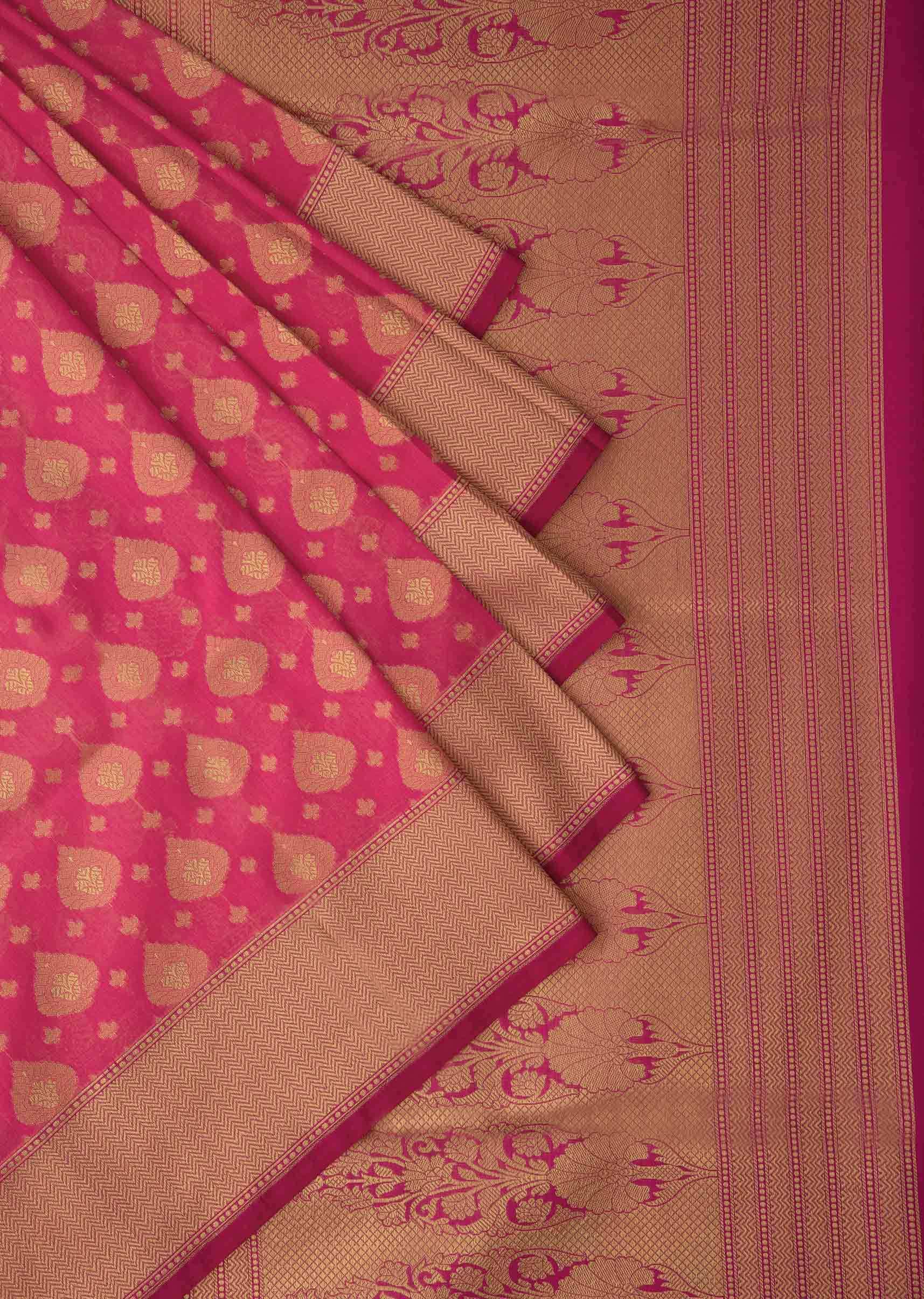 Candy pink saree in chanderi silk with zari weaved butti and brocade pallav