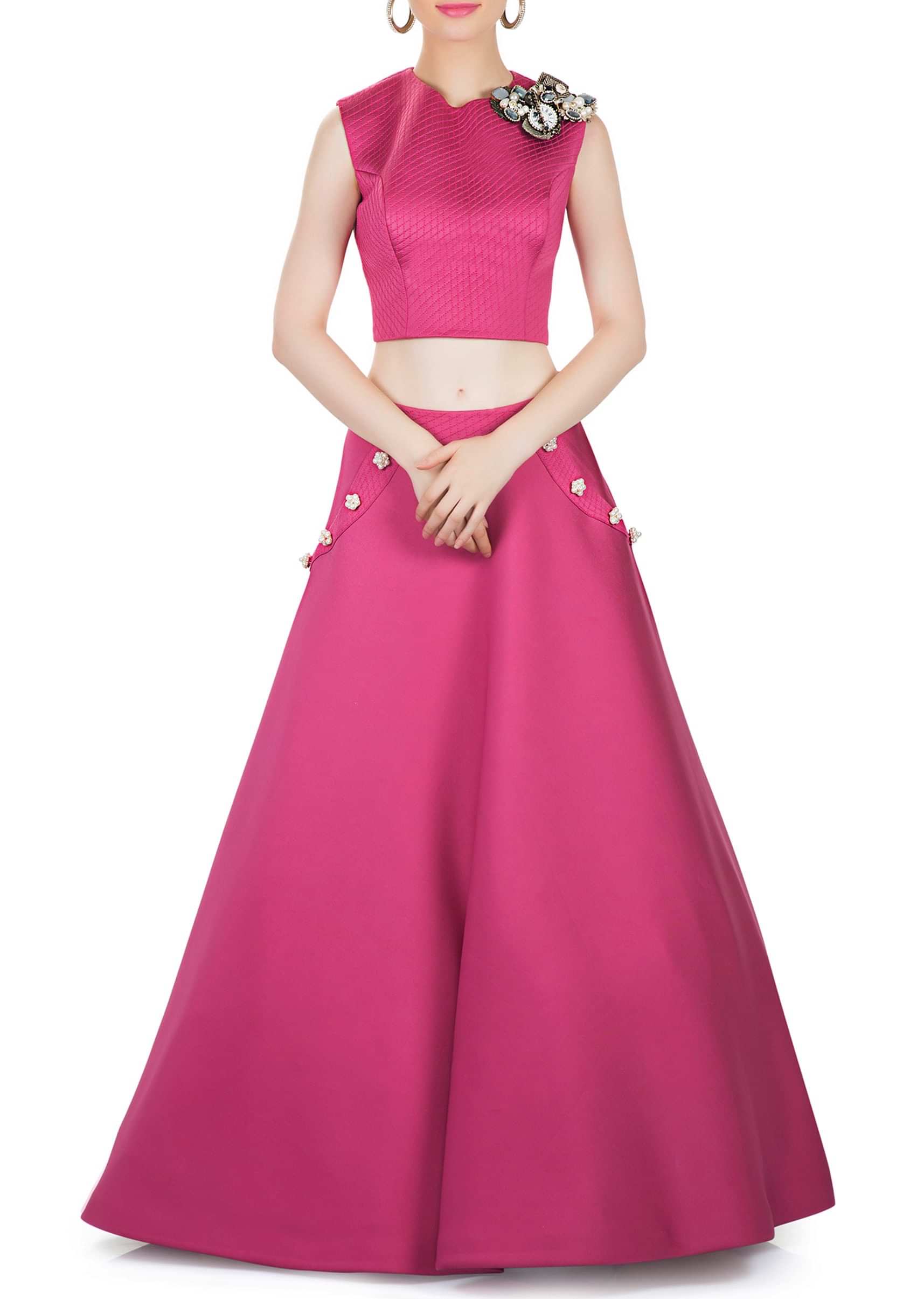 Candy Pink Top And Skirt In Silk Scuba Studded With Pearls And Fancy Stones Online - Kalki Fashion