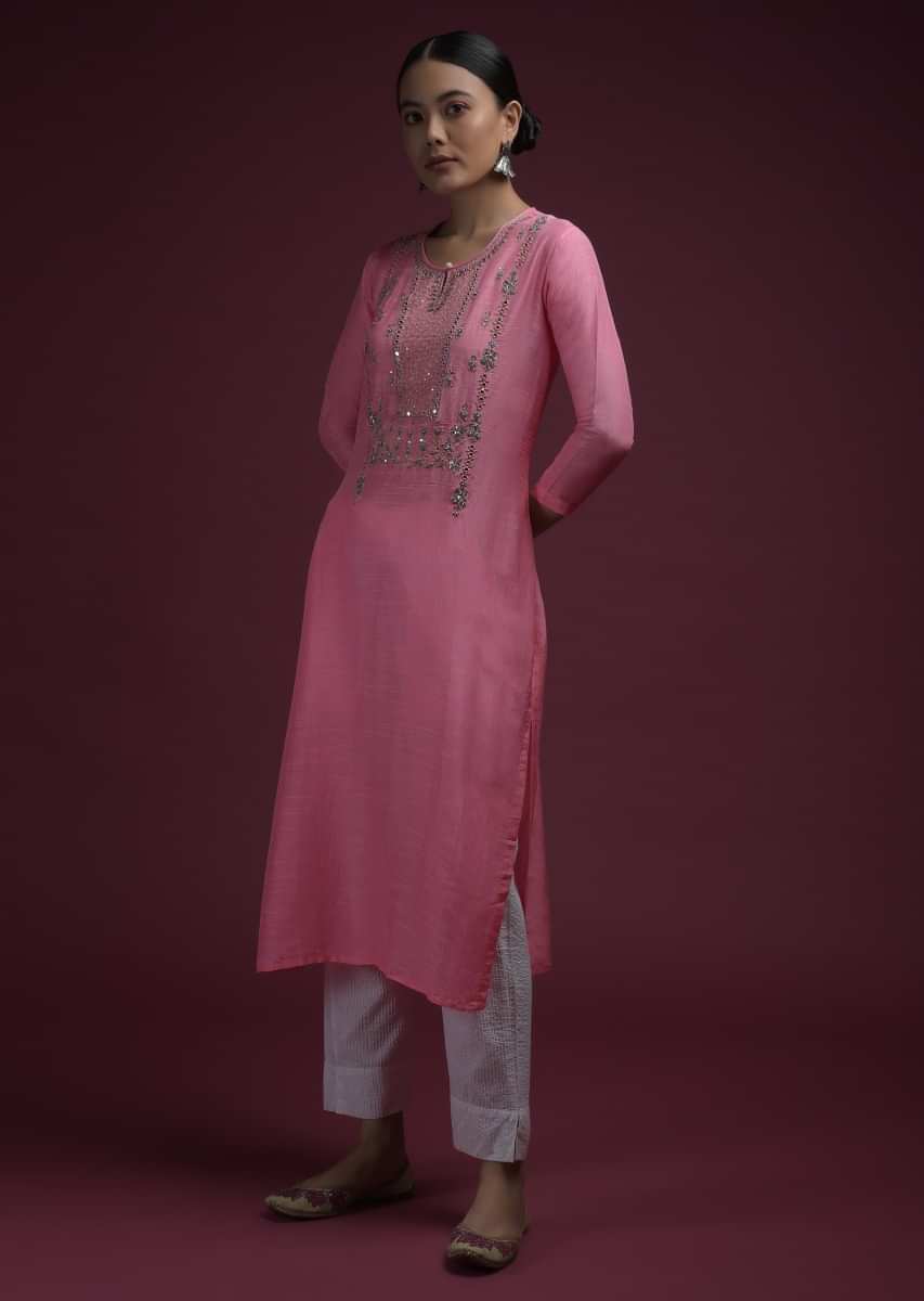 Buy Navy Blue Straight Cut Kurta And Skirt Set In Cotton With Wave Print  And Gotta Embroidery On The Neckline Online  Kalki Fashion