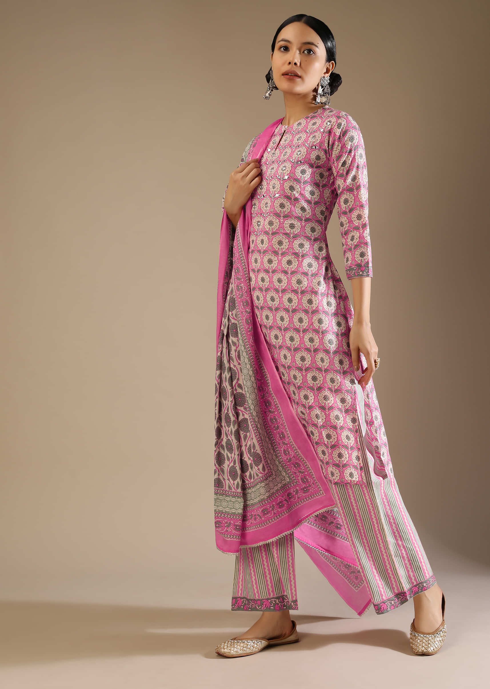 Candy Pink Straight Cut Palazzo Suit With Jaal Print And Mirror Embroidery  