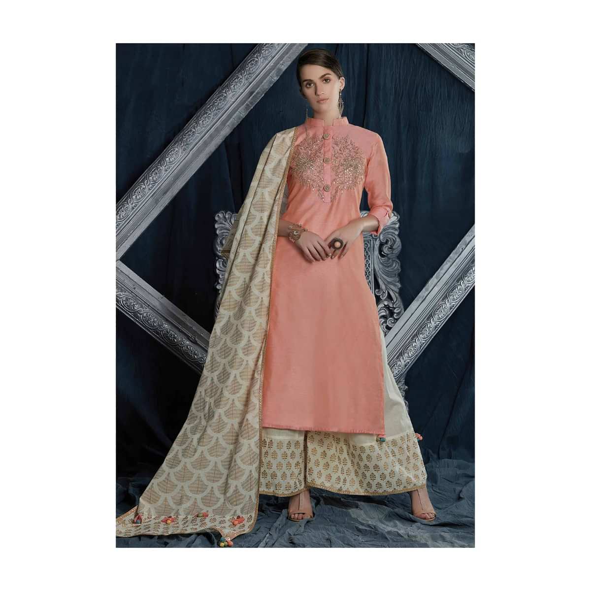 Candy Pink Straight Palazzo Suit In Silk With Embroidered Placket In Gotta Patch And Fancy Buttons Online - Kalki Fashion