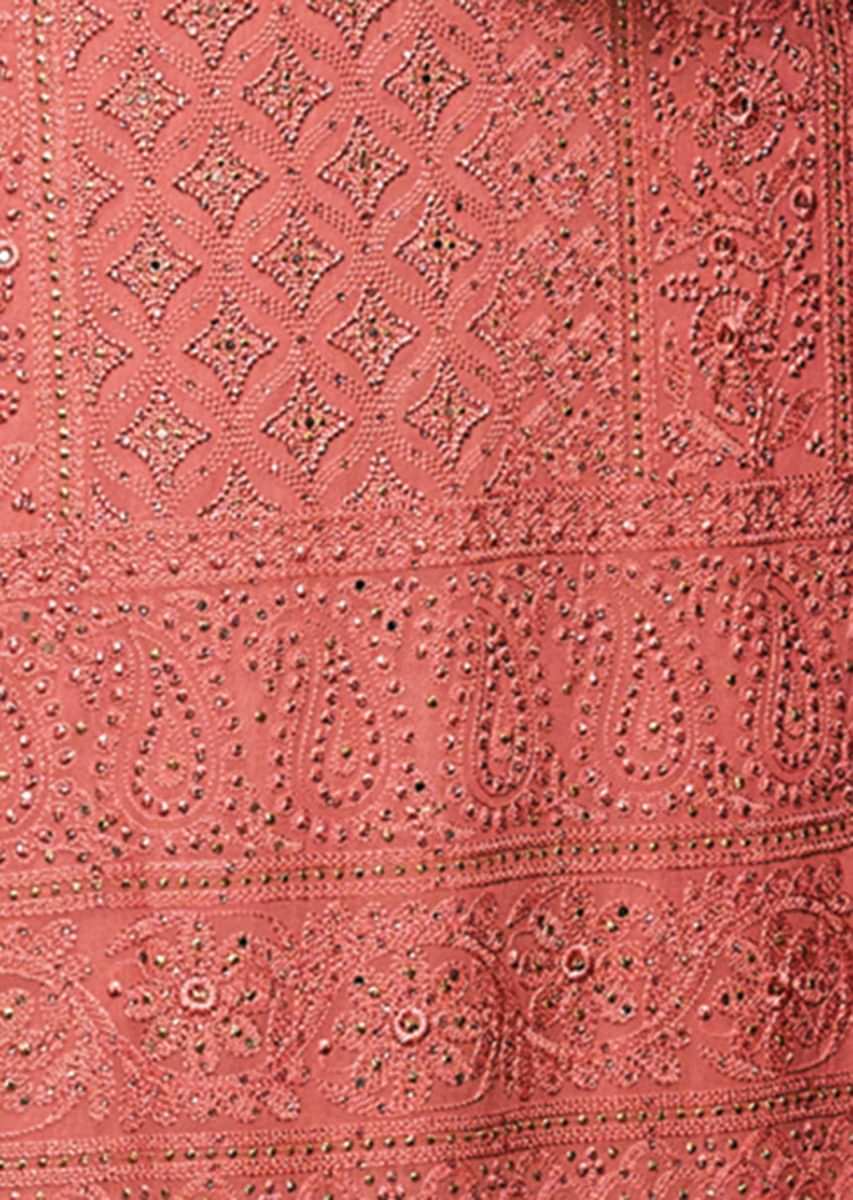 Candy pink straight sharara suit in georgette with embossed thread and kundan work