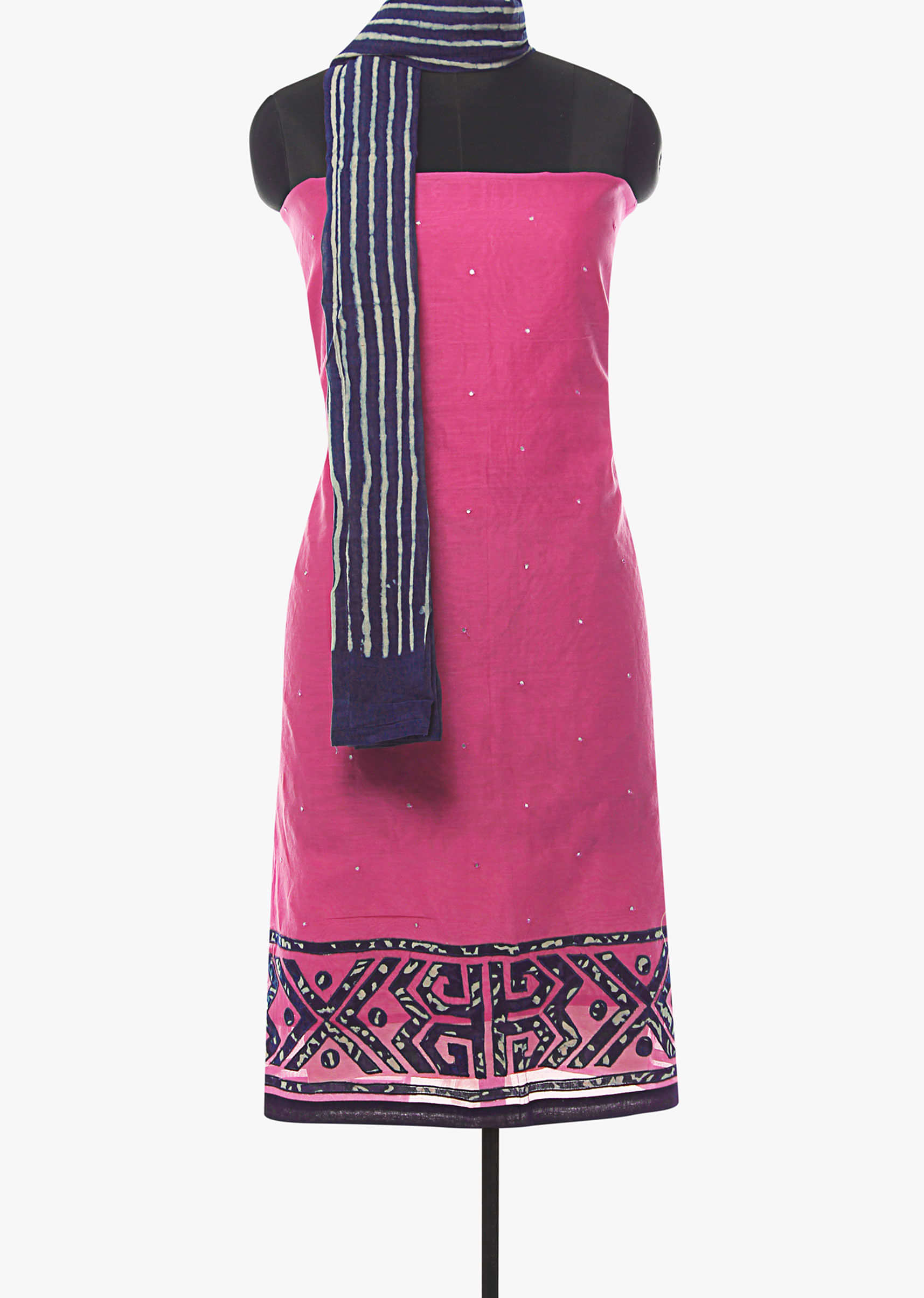 Candy pink unstitched suit in cotton silk with applique work hem line only on Kalki