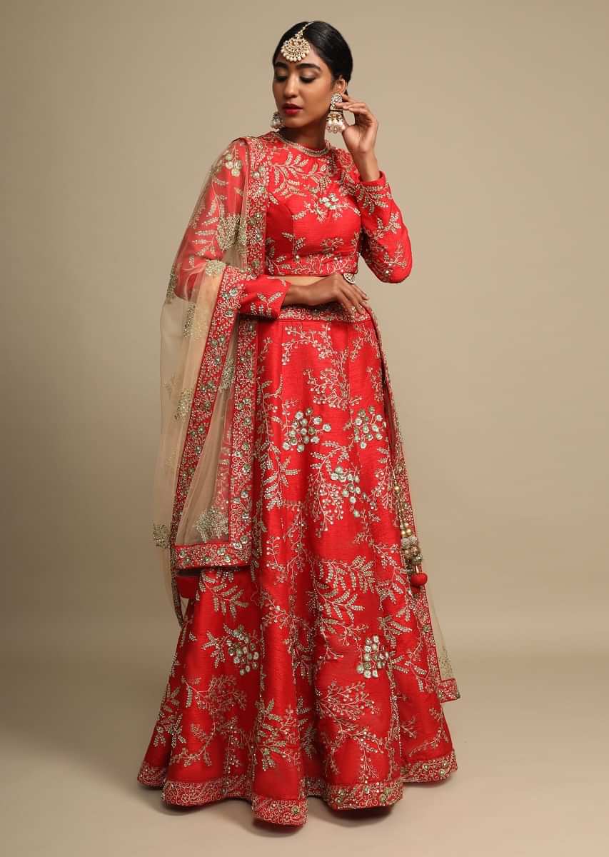 Buy Candy Red Lehenga Choli In Raw Silk With Delicate Zari Embroidered ...