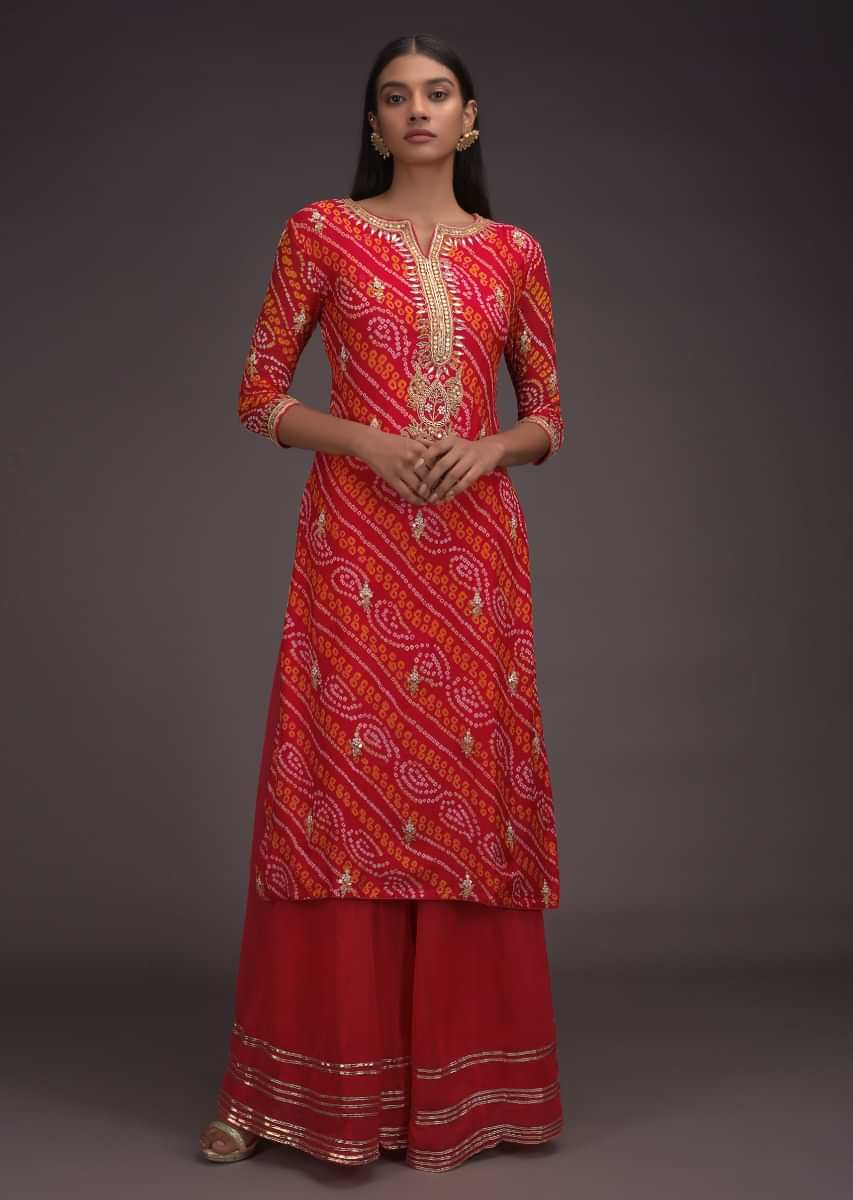 Candy Red Palazzo Suit With Bandhani Print And Gotta Embroidered Buttis ...