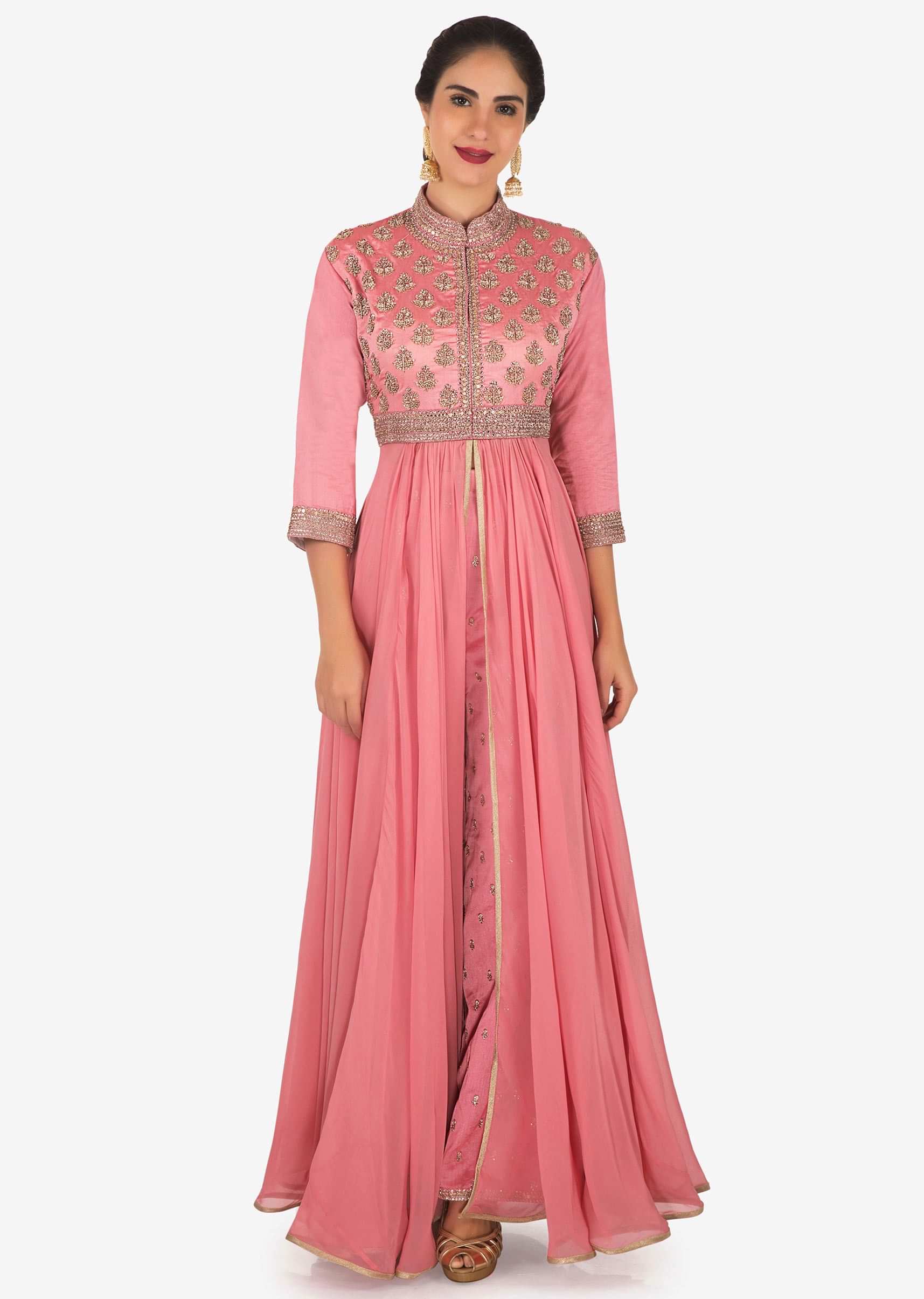Candy pink anarkali suit in french knot embroidery