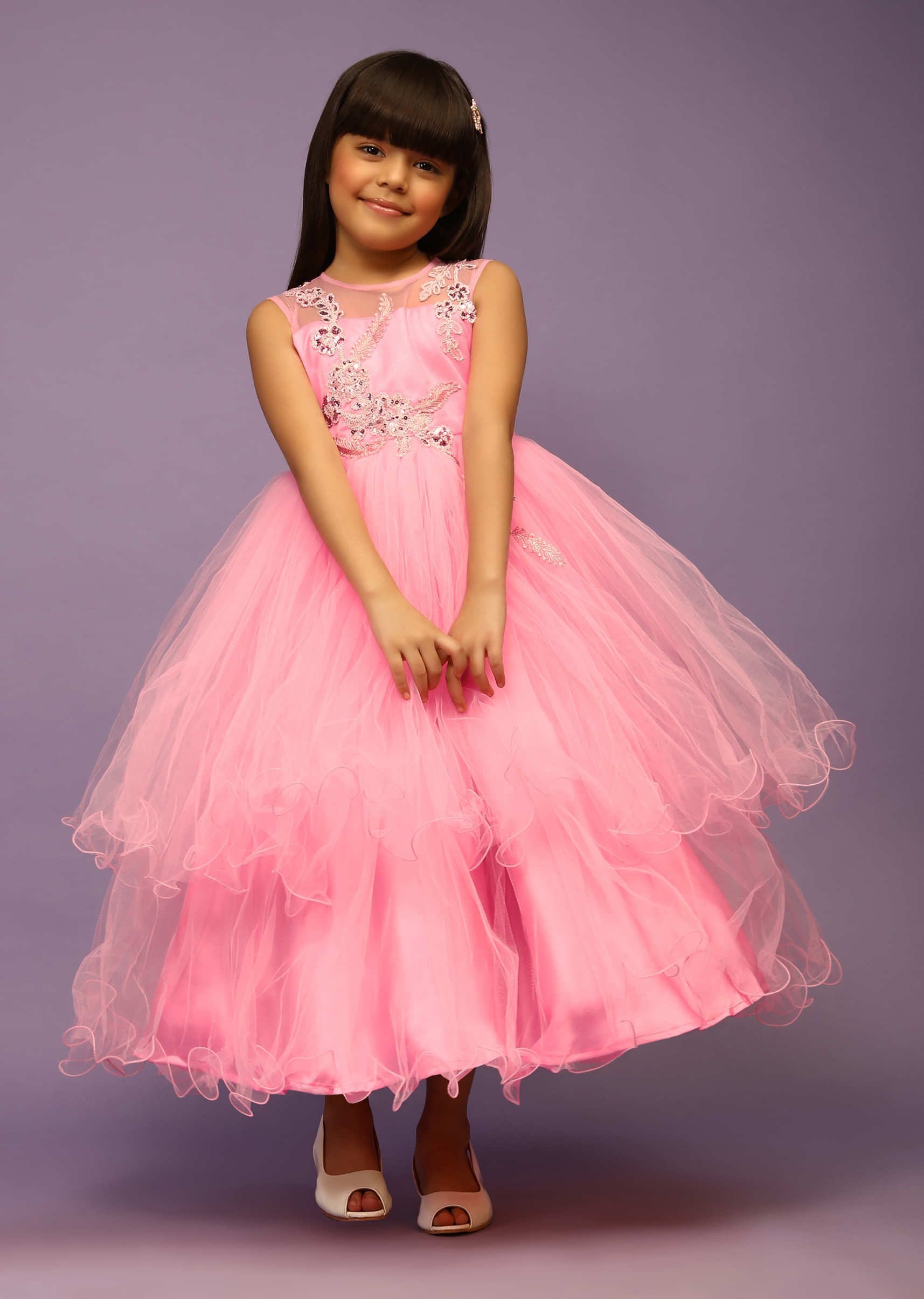 Kalki Girls Candy Pink Gown With Net Frill Layers And Sequins Embroidered Floral Design  