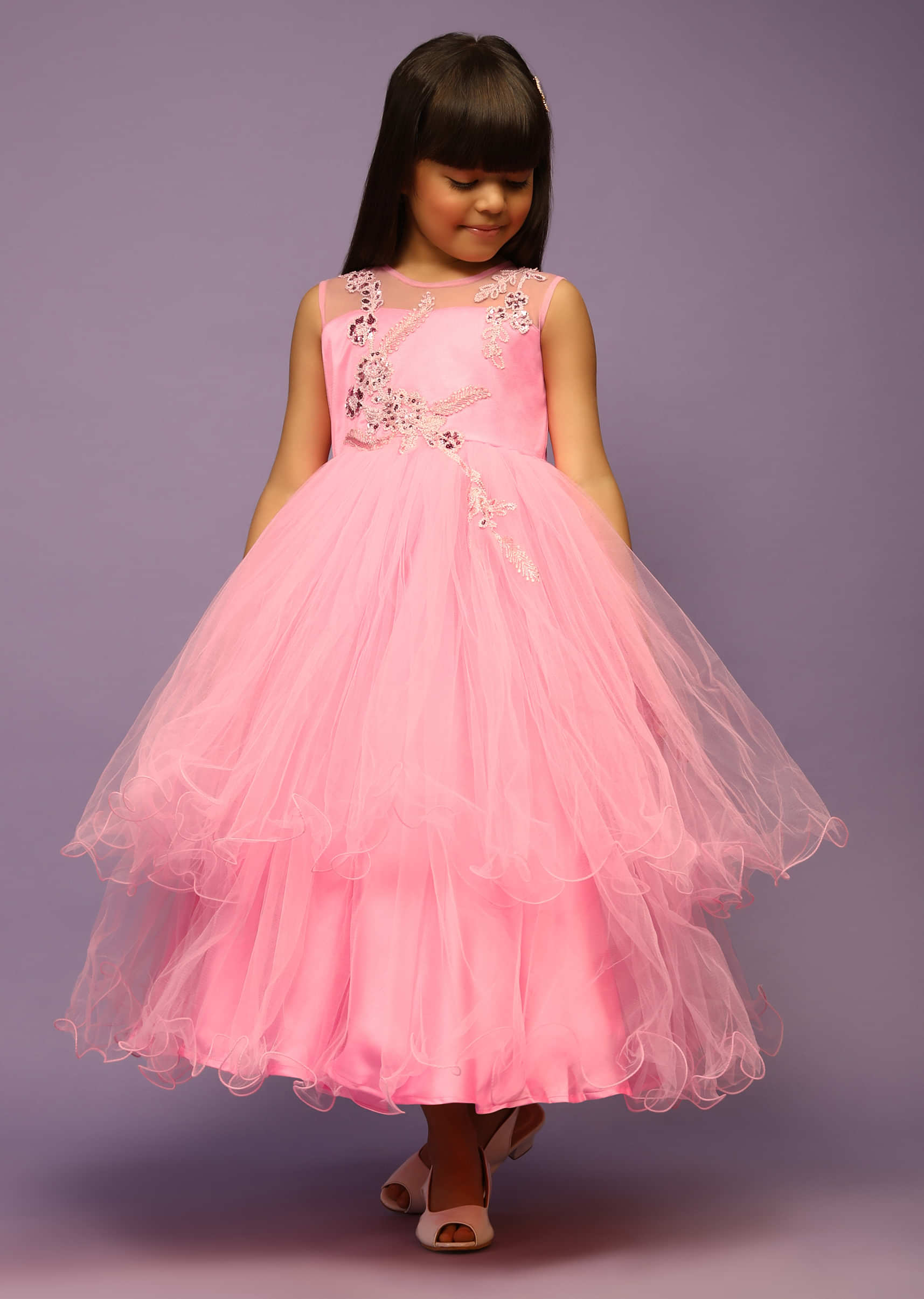 Kalki Girls Candy Pink Gown With Net Frill Layers And Sequins Embroidered Floral Design  