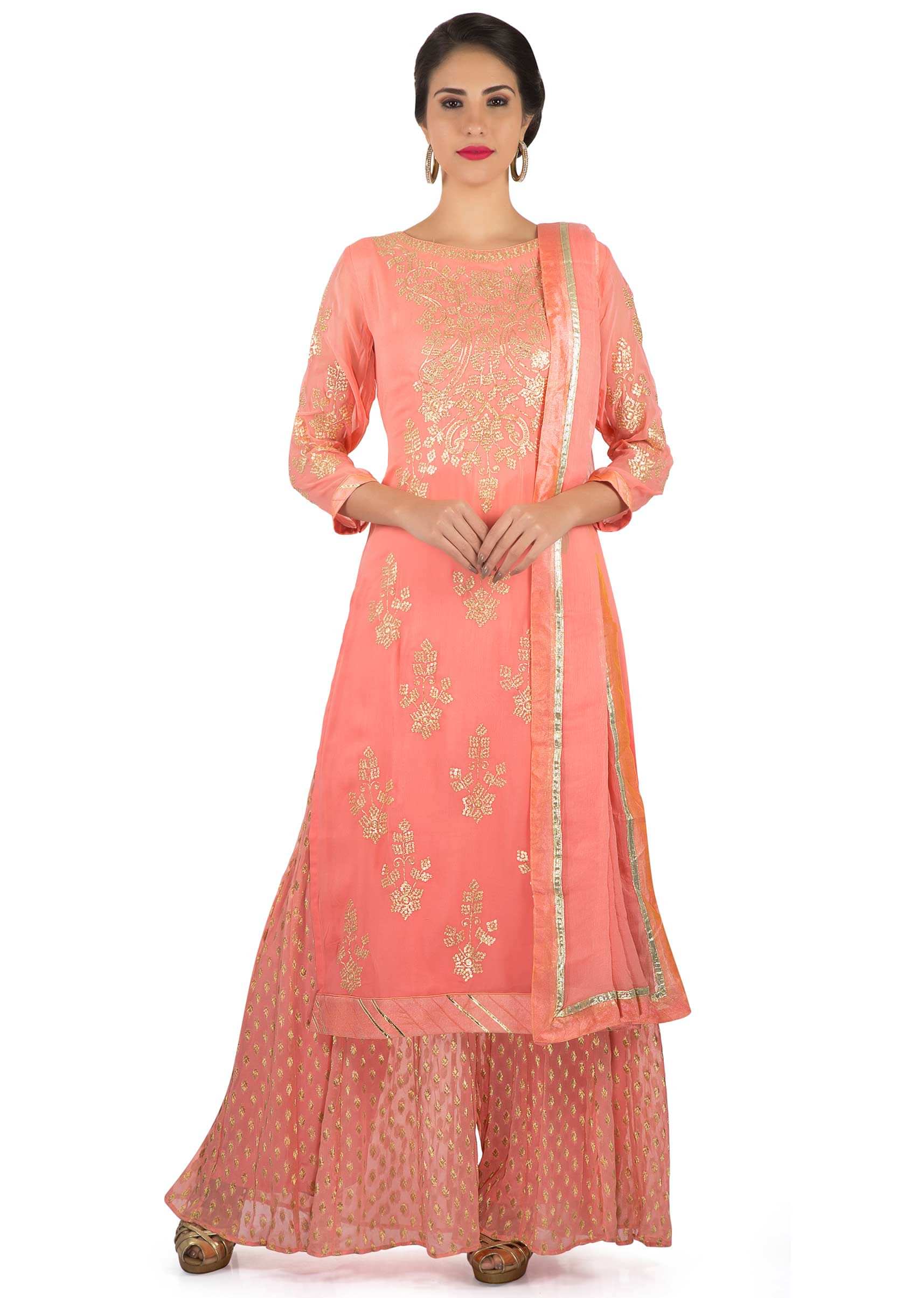 Candy pink palazzo suit in zari embroidered placket and butti only on Kalki