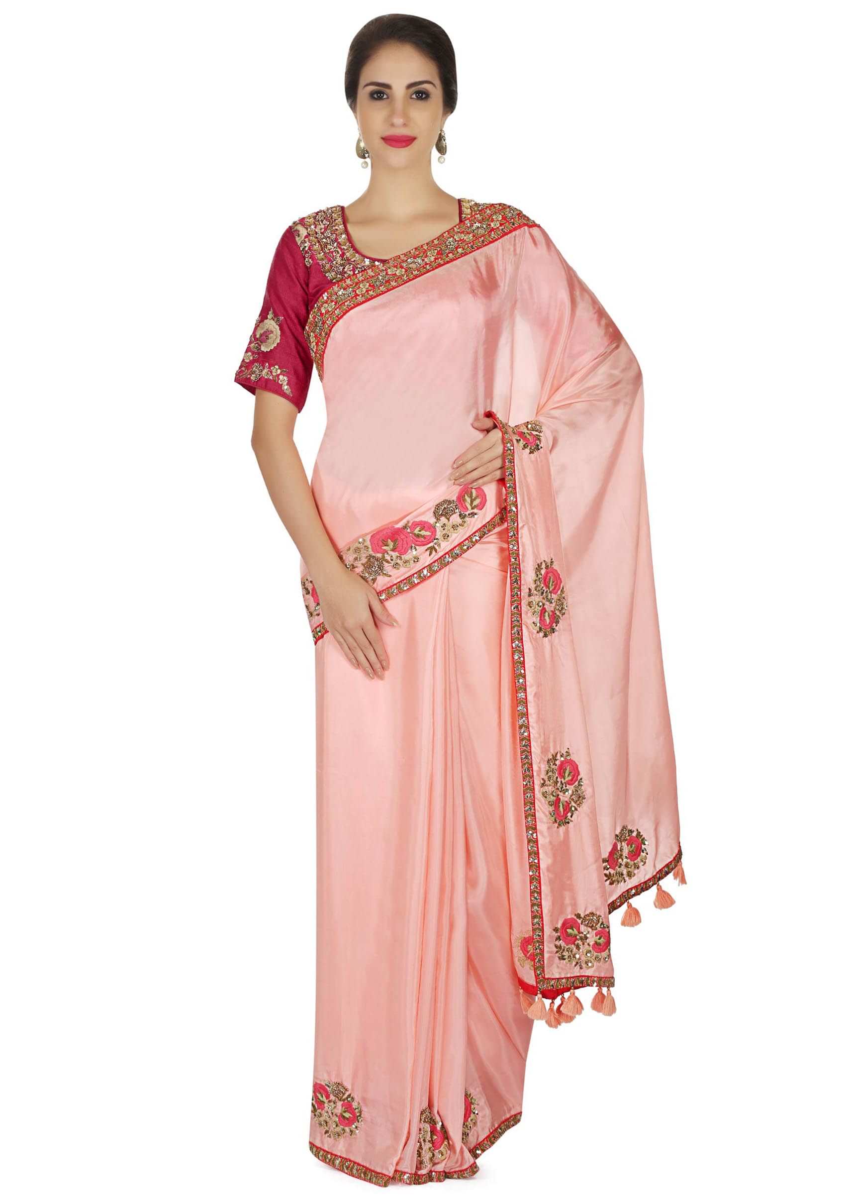 Candy pink saree in satin with resham embroidered butti and border only on Kalki